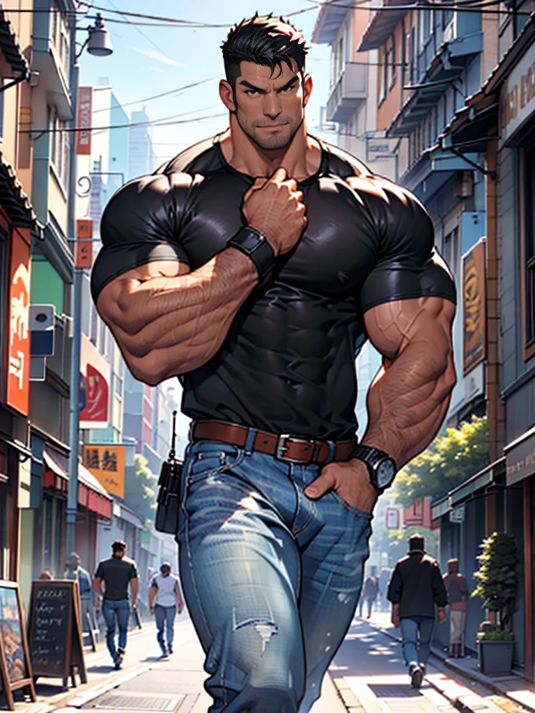 bel homme, nu, Asiatique, viril, corps entier, pieds nus !, musculaire et viril, poilu, Torse large, thick thighs, belles jambes, pieds, WET BODY, dans la rue, gros penis