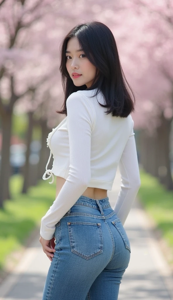 1 beautiful woman taking pictures on the grass of the villa,RAW photos,tmasterpiece,(highdetailskin:1.2),8k ultra high definition,digital SLR camera,gentlesoftlighting,high high quality,filmgrain,富士XT3,20 years old Asian woman,Wear simple clothes,(White long nurse uniform:1.2 and long skinny jeans:0.7,Detailed clothing details:1.3),perfect body figure,Perfect breasts and nipple bulge,The legs are straight and slender,Branded stylish shoes:0.6,Super detailed facial details and skin,Fair pink face and skin,The skin is pink,with light glowing,二重まぶた,Super detailed eyes,(Gloss on lips, eyeslashes, Glossy face, Best quality, Super high resolution, warm color,Wide lighting, naturalshadow),taken from behind, Show off your sexy body and beautiful buttocks, Full body shooting: 1.8
