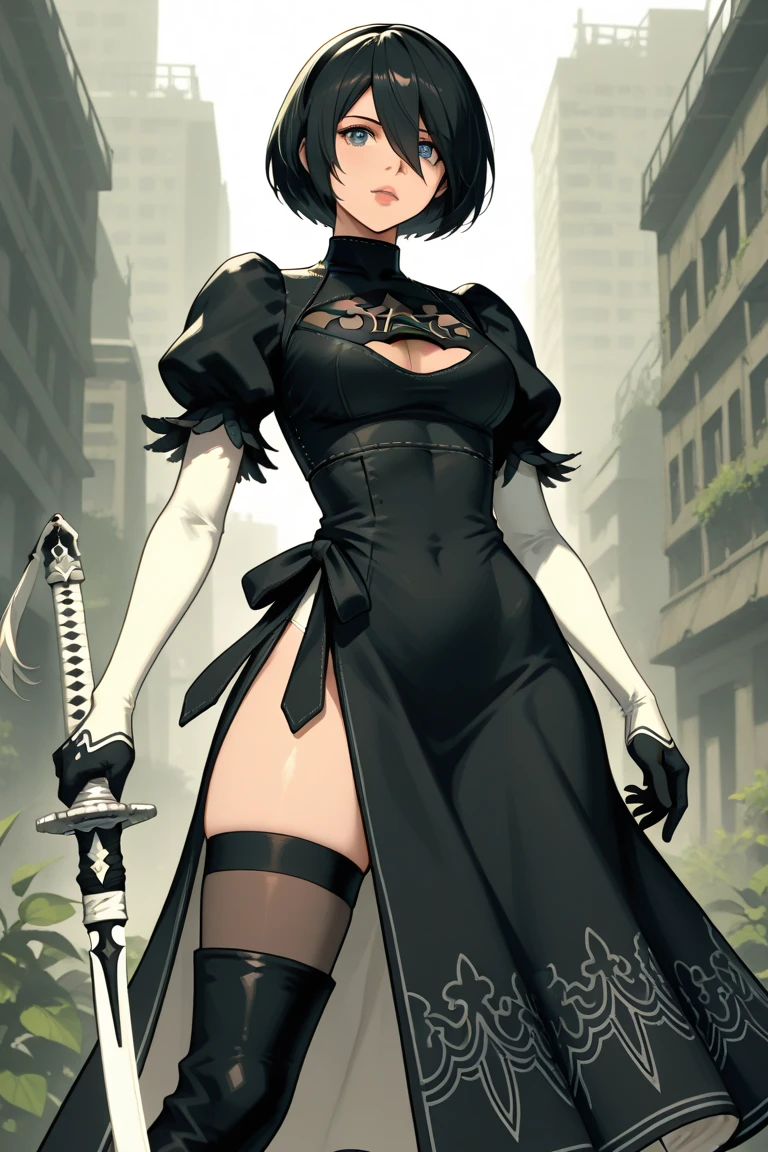 Score_9, score_8_up, score_7_up, score_6_up, black hair, pale skin, 2bcosplay, 2b \(nier\:automata\) \(cosplay\), gloves, long sleeves, dress, puffy sleeves, black dress, clothing cutout, cleavage cutout, juliet sleeves, feather-trimmed sleeves, blue eyes, dynamic pose
