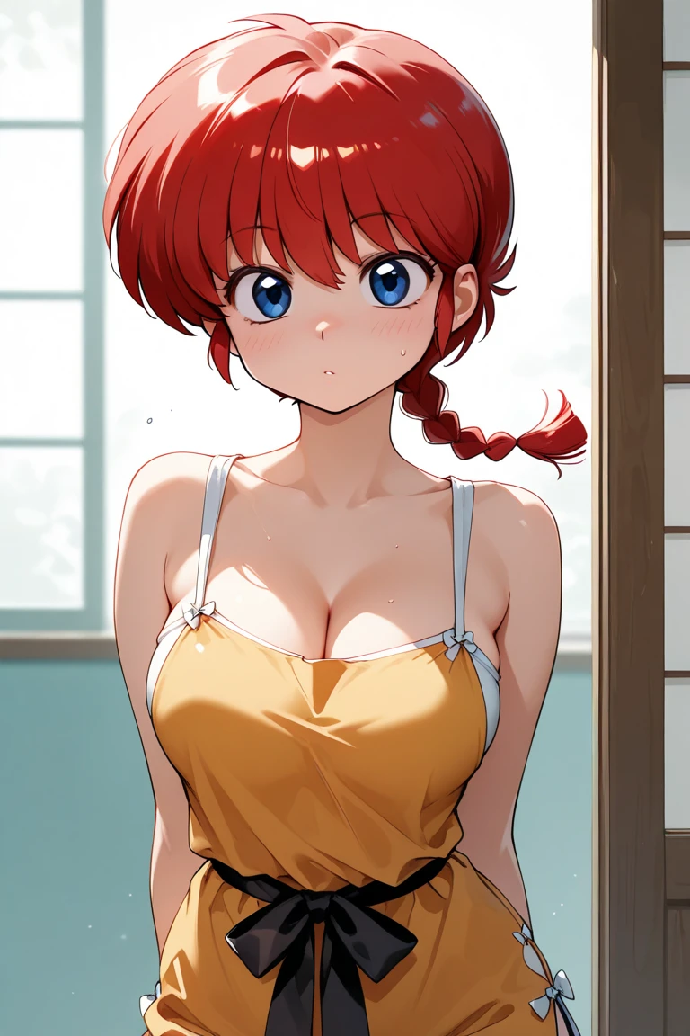 Kousaka honoka, blue eyes, orange hair、A smile、Cooking in your room、Wearing only an apron、breasts,naked,naked breasts, arms up, armpits