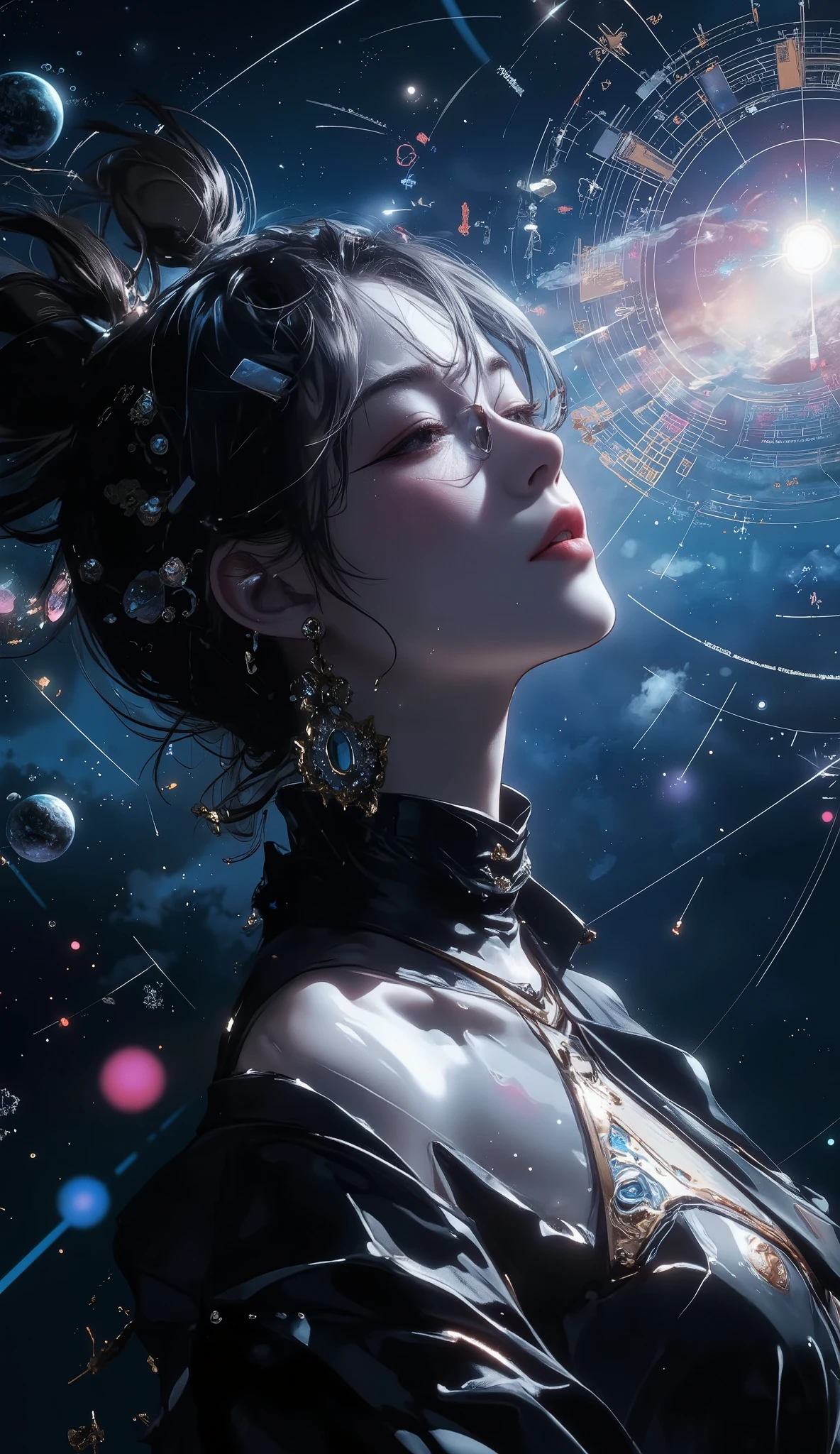 masterpiece, Best Quality, ultra resolution, perfect anatomy, 1 woman , Detailed Faces、alien decoration、smart glasses、Planetary and stellar orbital models、Perfect harmony between azimuth and radar、Glowing Galaxy、fantastic、dramatic、dynamic、absurd、metaphysics 