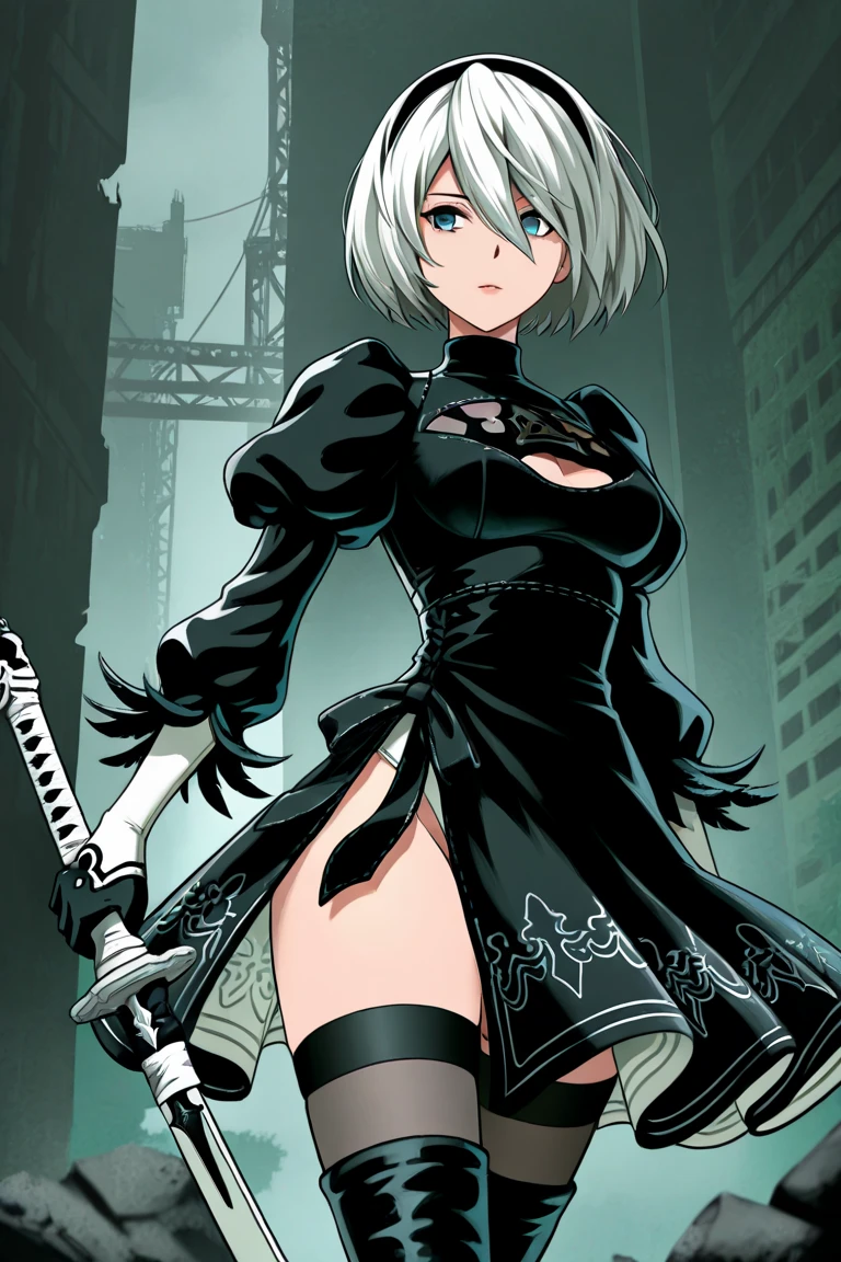 Illustrator, anime , Realistic ,sketch , 1 person, model, lip, A translucent gothic black mini dress with lots of lace, blindfold, eye covered, black blindfold, order, Blue gradient background, Neon Color Hair, Big Breasts,Upper Body, Sexy look, Sexy pose, I have a long medieval sword., Texture Trim, Russia, (masterpiece,Highest quality)