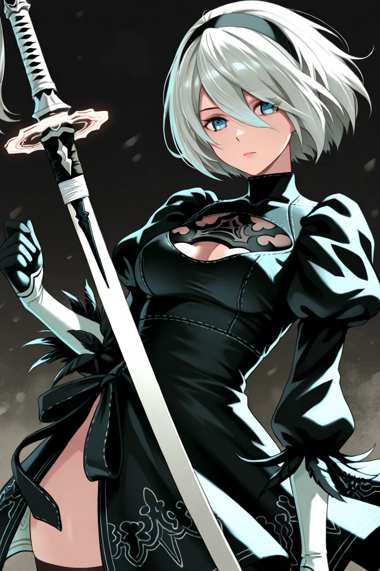 ((one-eyed blindfold)), holy paladin, scythe, dark Heavy armor, absurdres, RAW photo, extremely delicate and beautiful, masterpiece, Best Quality, ultra high resolution, 32k, hyperrealistic, ultra-detailed, detailed description, pale skin, 20 years old, tearful mole, earring, Colossal tits, short medium hair, wavy hair, evil grin, full body shot,