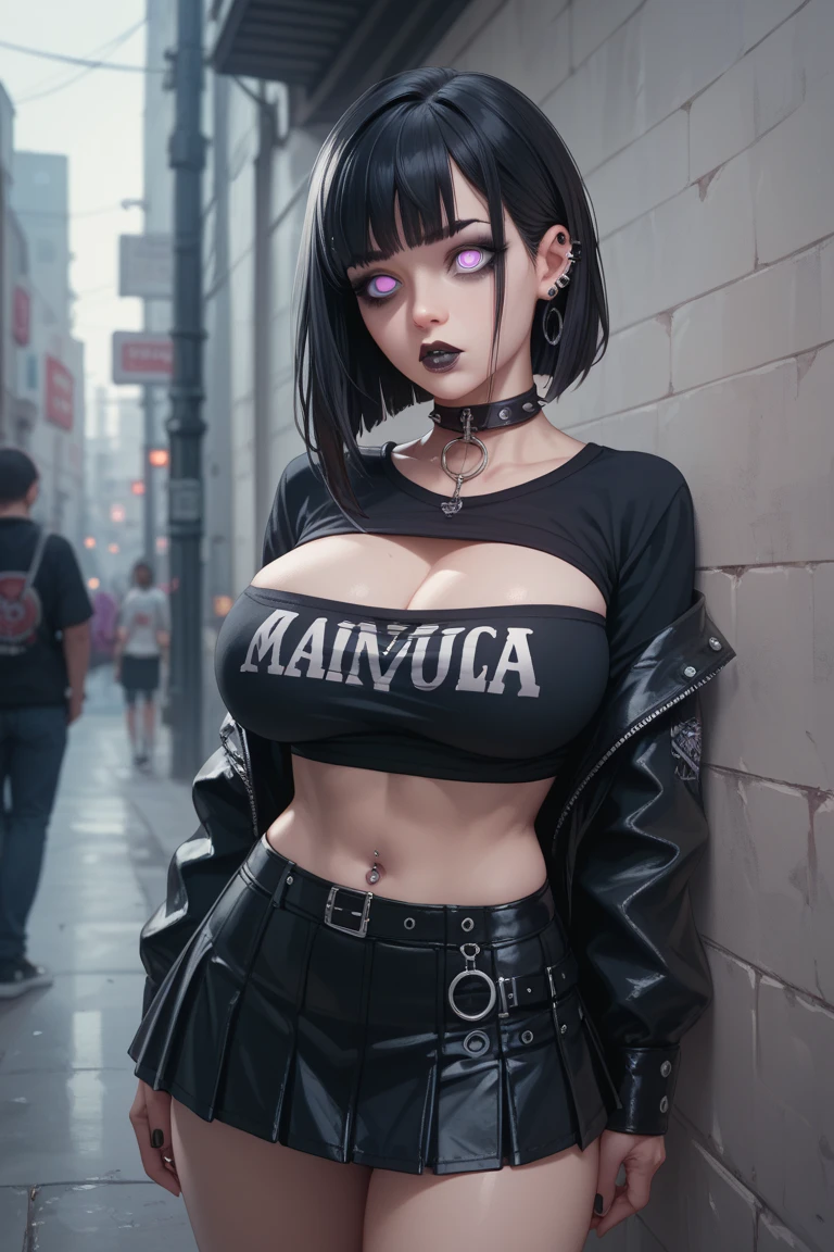 woman being transformed into a hot punk rock style, Caucasian skin, punk clothes {jaket, bra, short}, aretes, tongue and nose piercings, Bblack hair}, in the middle of the street ((bimbostyle))