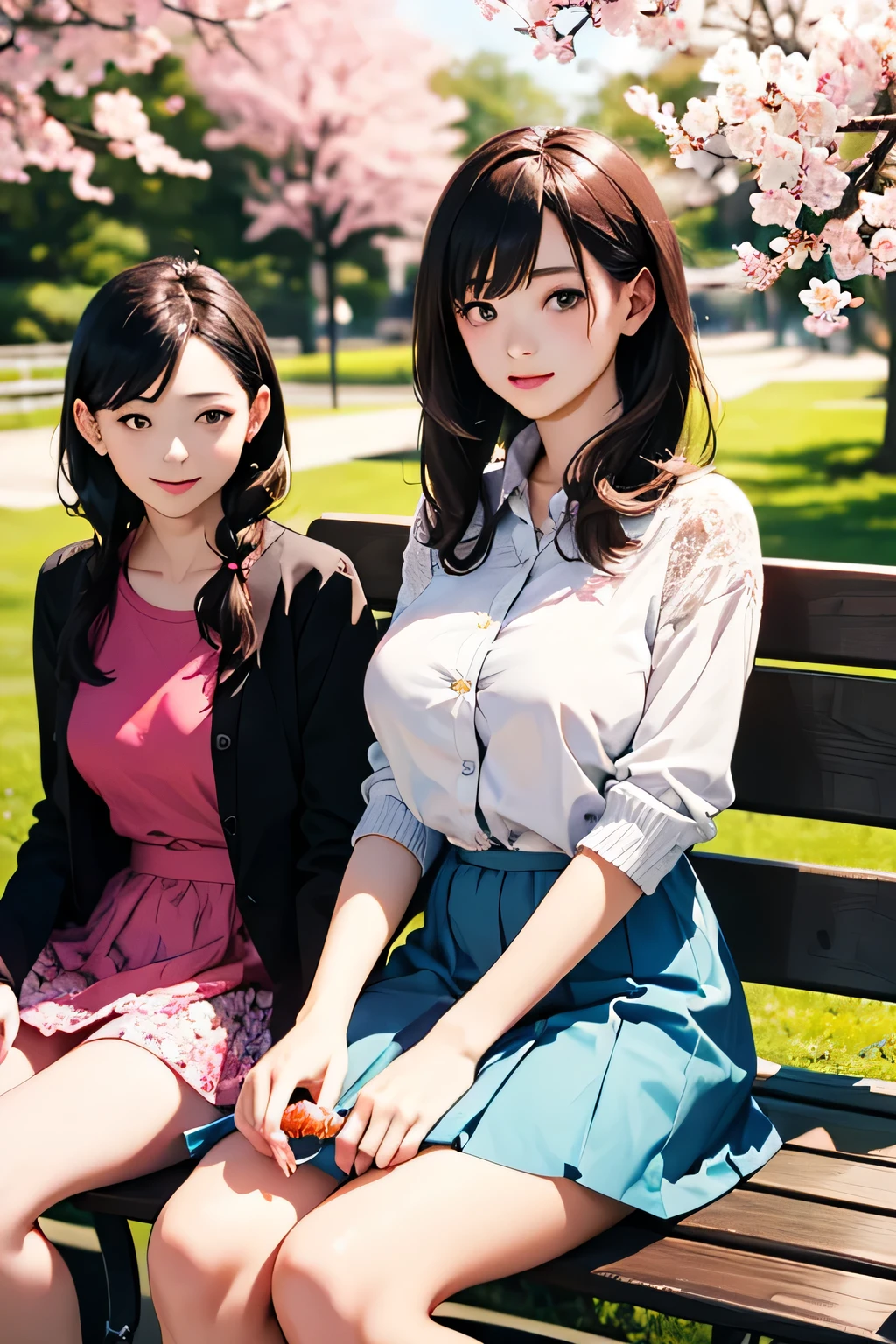 2 mature females, short skirts, long stocking with garter, sitting on bench at the park, daylight, (covered nipples:0.3), photo, photorealistic, photorealism, covered_erect_nipples,