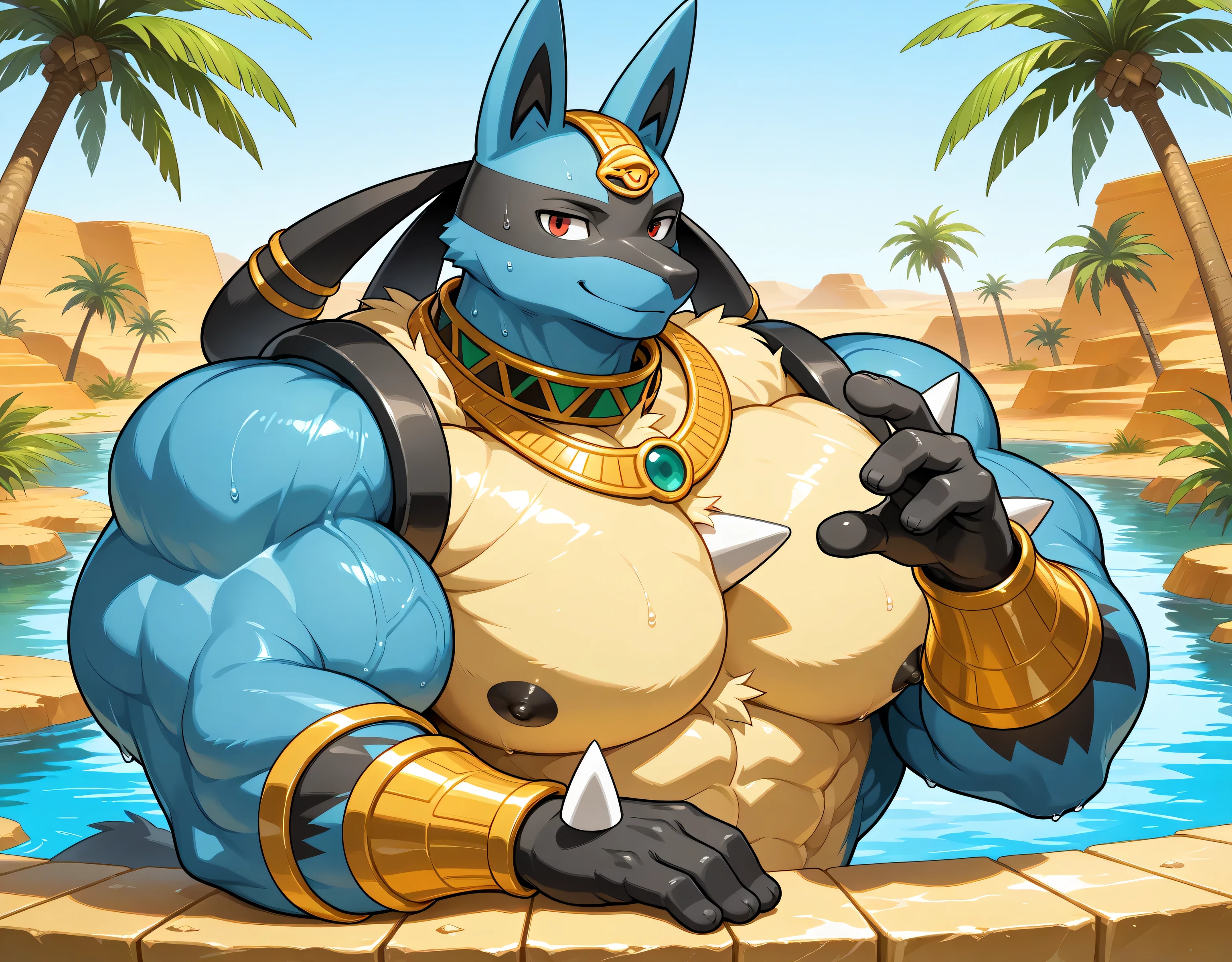 detailed background, low view, front view, oasis, rocks, palm trees, water pond, close up, solo, alone, score_9_up,score_8_up,score_7_up,score_6_up,score_5_up,score_4_up, BREAK kemono, bara, furry, 1boy, anthro, lucario, Blue Fur, Chest Spike, Red Eyes, yellow chest fur with thicker patches on the collar, Spike on Hands, Two tone fur, Egyptian necklace, jewelry, huge muscular, broad shoulders, male, macro, black collar on neck, tail, male, posing, bedroom eyes, sweaty, huge black nipples, stoic, smile, looking at viewer, upper body shot
