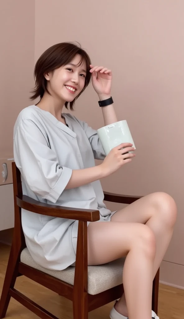 laughter:1.5、I can see her small white panties:1.5,Brown hair short cut with side waves:1.5,casual sneaker wear:1.5,squatting down:1.5,I'm sitting in a chair,