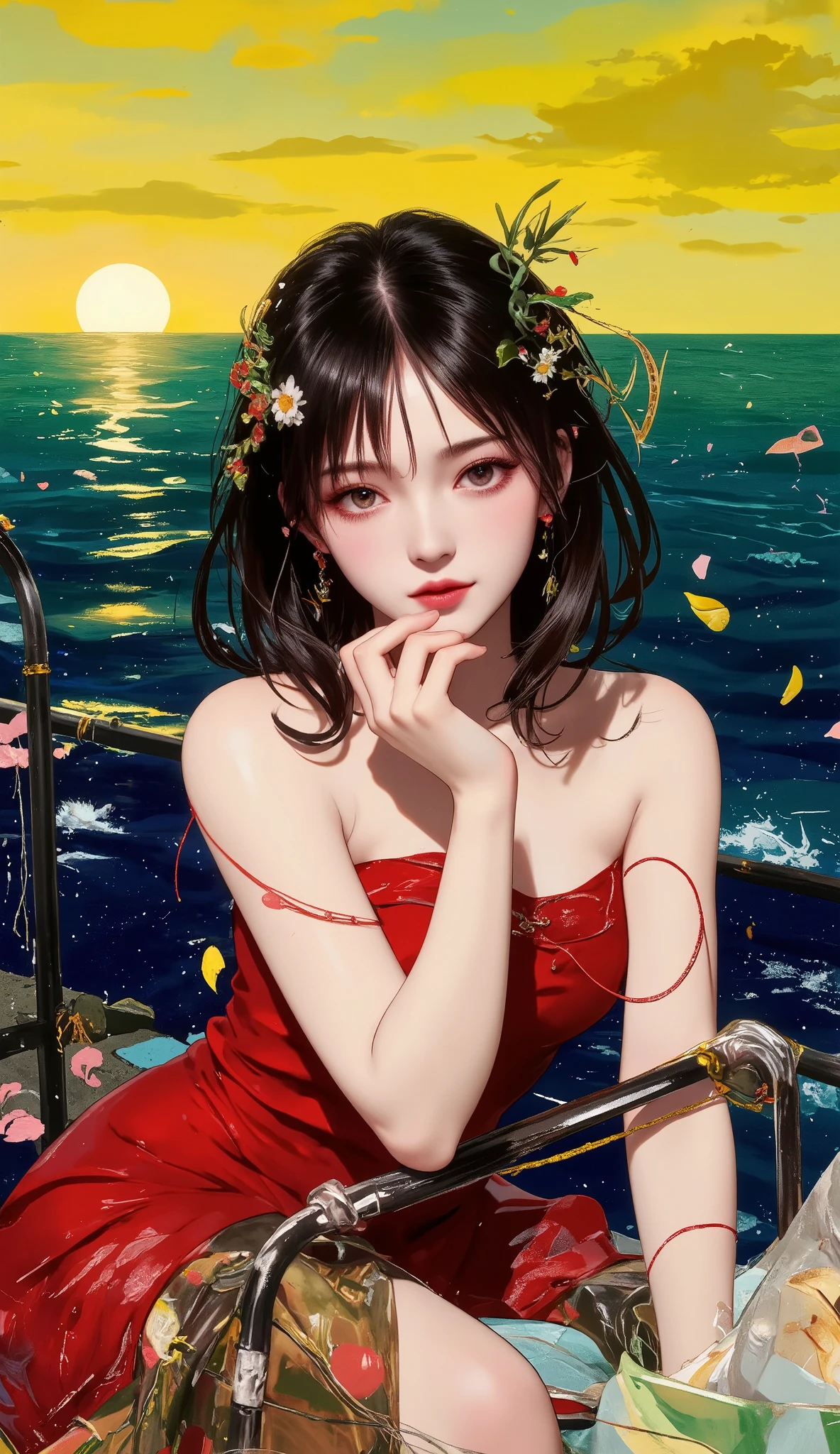 masterpiece, Best Quality, ultra resolution, perfect anatomy, one woman , Detailed Faces、yellow sky、Sea of Green、The Blue Bonfire、 red lips、dark hair、white skin、 red clothes、Fauvism、fantastic、dramatic、dynamic、absurd、metaphysics