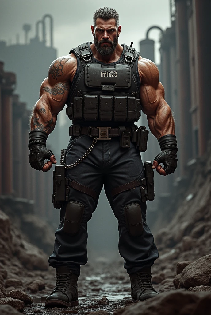 4k, dynamic shadows, high resolution, guy, huge muscles, black pants, machine gun in hands, corpses around