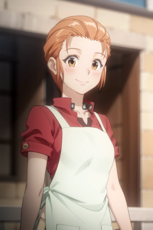 1girl, (masterpiece), (high resolution), (8K), (extremely detailed), (4k), (pixiv), perfect face, nice eyes and face, (best quality), (super detailed), detailed face and eyes, (solo), textured skin, absurdres, highres, 
BREAK
mitowz, long  skirt, short hair, orange hair, red shirt, long sleeves, yellow eyes, white apron, BREAK
standing, cowboy shot, looking at viewer, smile, blush, portrait, upper body, outdoors