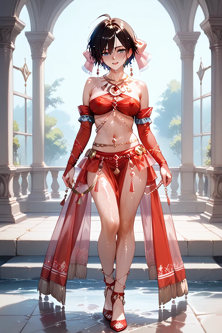 (best quality, 4k, 8k, highres, masterpiece:1.2), Pink Hair、Shorthair、breasts are beautiful and big。Please walk on the long and narrow bridge。Below is the river。
