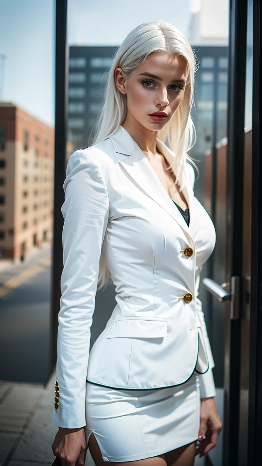 Sexy woman white hair, professional clothes, mi-long hair, outside background, little