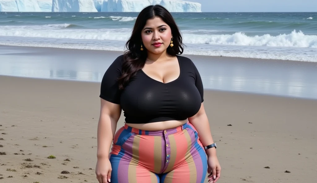 Anushka Shetty, curvy, British, 20s, shirt and jeans, cleavage 5%, wide hip, at beach, happy, laying at beach