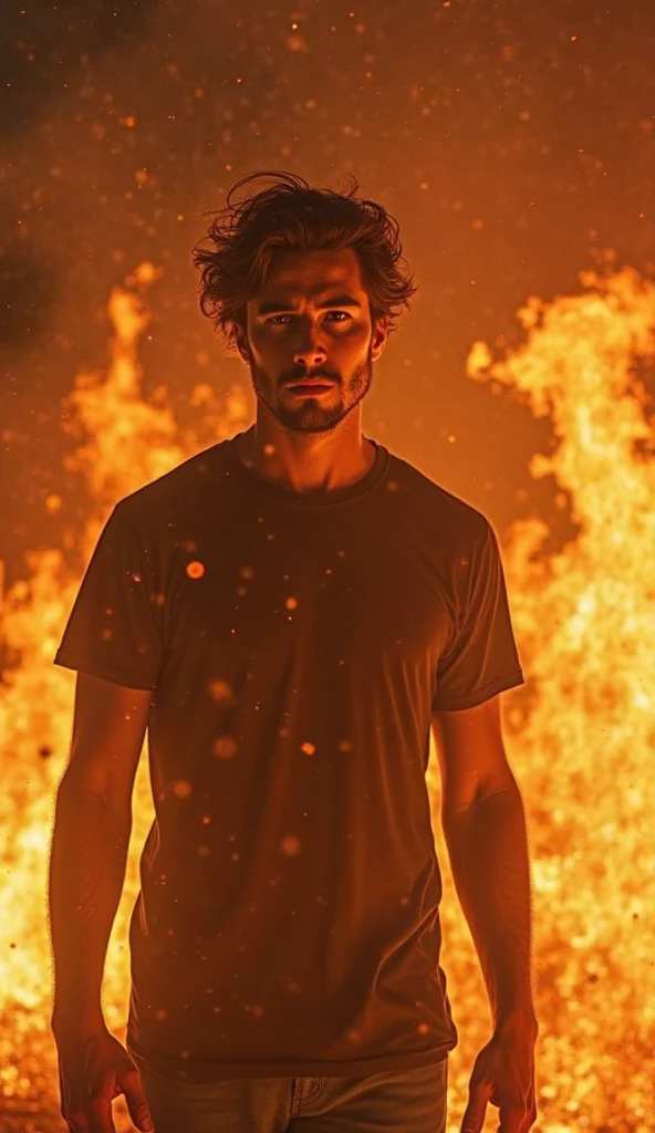 a man standing in front of a door with fire coming out of it, fire behind him, body made of fire, on fire, (fire), surrounded with fire, set on fire, house on fire, housefire, fires!! hyperrealistic, with fire, by Adam Marczyński, by Harrington Mann, standing in fire, burning, fire!! full body