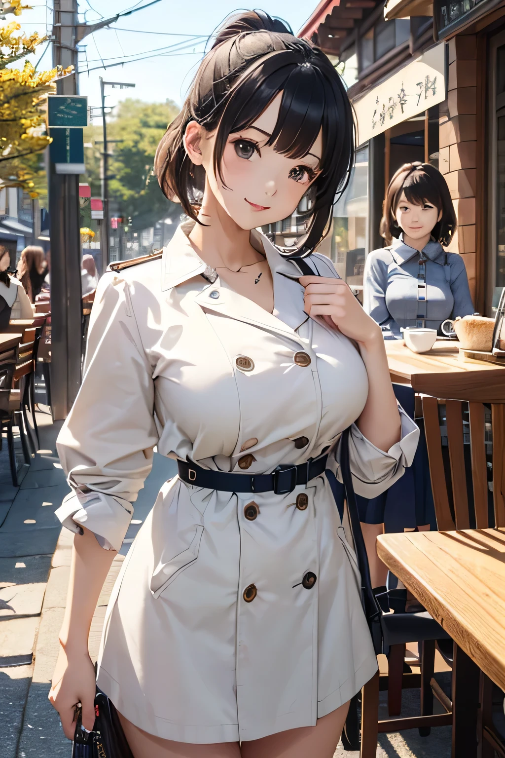 top quality、high definition、(high image quality:1.3)、masterpiece、detailed background、(very detailed face:1.3)、(detailed eyes:1.3)、age beauty、(huge breasts:1.3)、Normal number of fingers、anatomically correct、Perfect Body Line、Bright-colored hair、ponytail、braided bob cut、Retro brick cafe、hideaway cafe with antique furniture、open bakery with terrace seats、
(Holiday Afternoon、two girls visiting stylish cafes with friends:1.5)、
カフェラテを片手に店内のcuteインテリアと一緒に写真を撮る、Relaxing time while feeling the spring breeze on the terrace seat、border pattern cut and sew or puff sleeve blouse、trapezoidal miniskirt such as navy、light gray trench coat、 pumps with straps 、cute