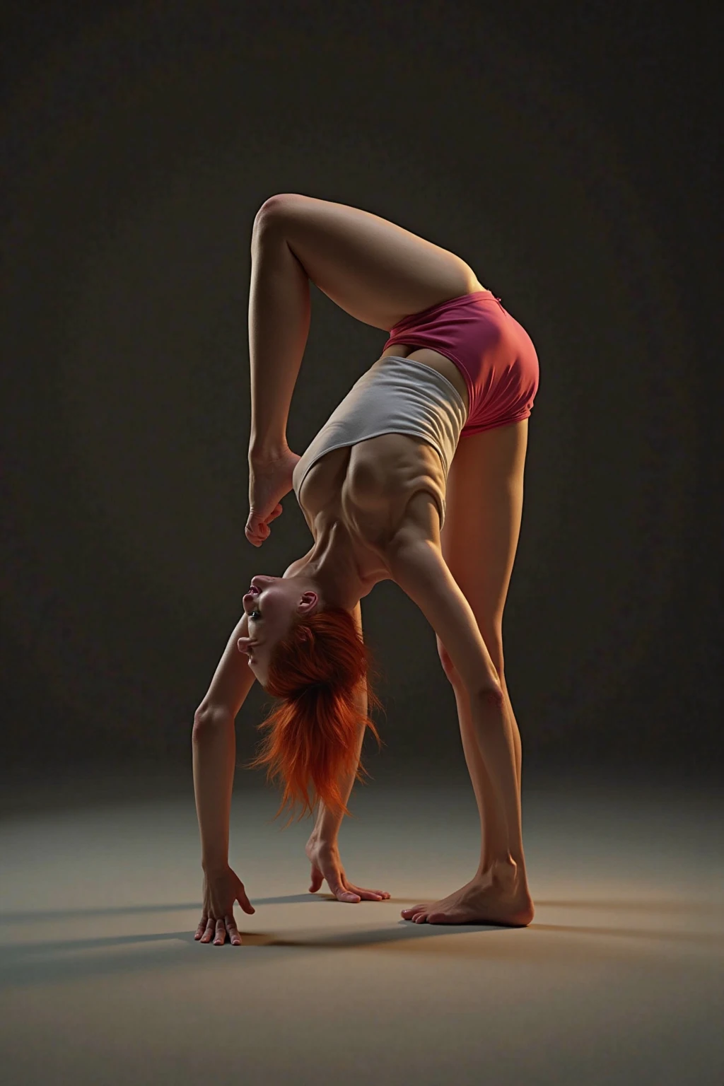 Contortionist, woman, red hair, dark rimmed glasses, backbend , triplefold, flexible, 