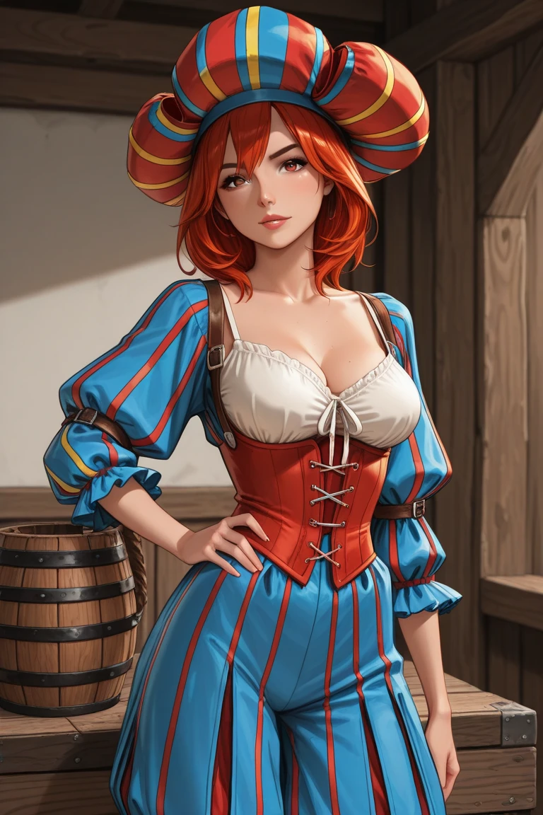 ginger hair, pirate, corset, long leg slit, skirt, lesbian, standing