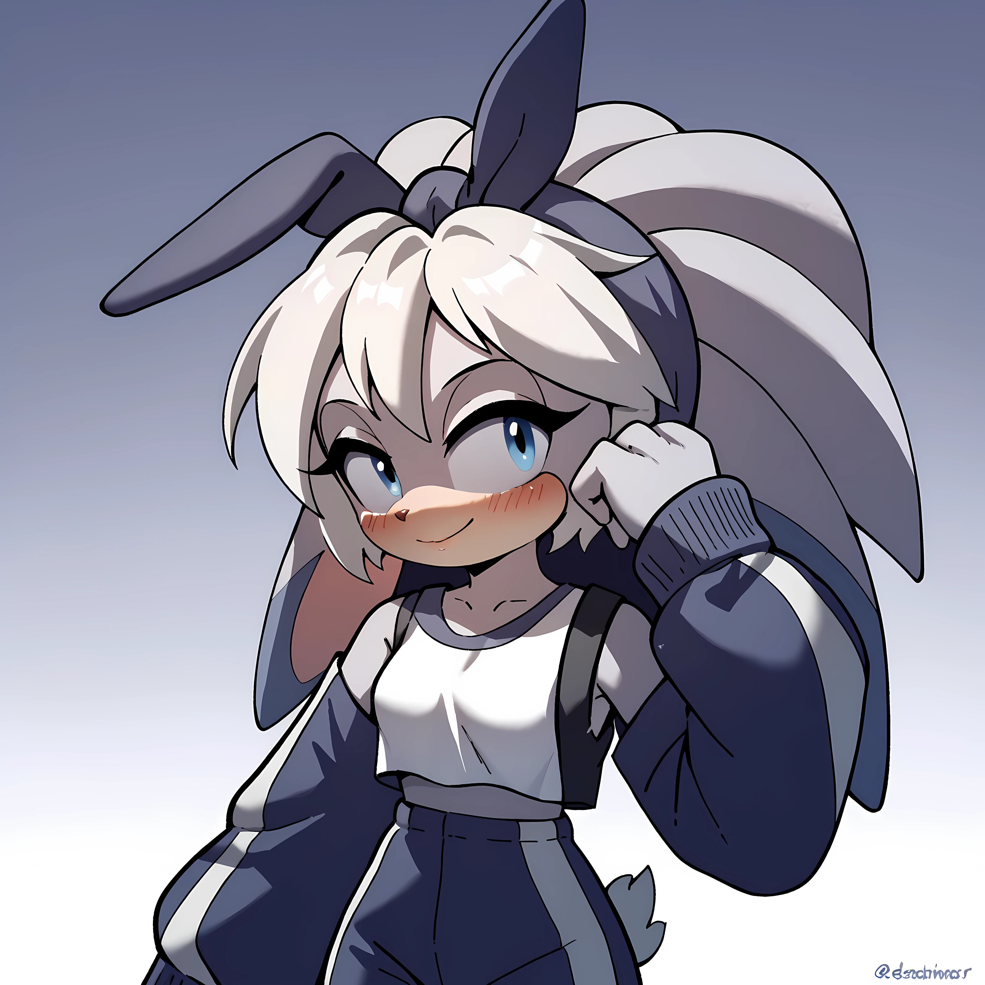 A grey bunny with blue eyes, Solo, 1girl, High Resolution, White Hair, Best Quality, High Resolution, long ears, grey shoulder length hair, 1girl, Smile, streetwear outfit, details, HD, hot, young woman, sexy, grey hair, Blue eyes, Animal Ears, Rabbit Ears, Best Quality, Detail, Blush, Smile,