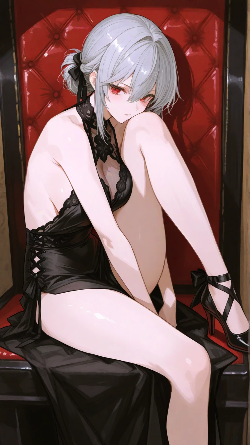 (Masterpiece, Best Quality, Ultra High Resolution , Digital Art,Beautiful and Aesthetic ) . ( One Fashionable adult girl with a short oblique bob, slender figure, expressive and dominating look ) in modern men's suit in youth style , matte black color , lovely thin white but long tie , (silk thick threads of red color connect the necklines on the sides of the whole suit) , . The character sits on a large massive sofa with lots of leather and metal patterns on it in vintage style , an interesting and atmospheric pose that characterizes the character , .