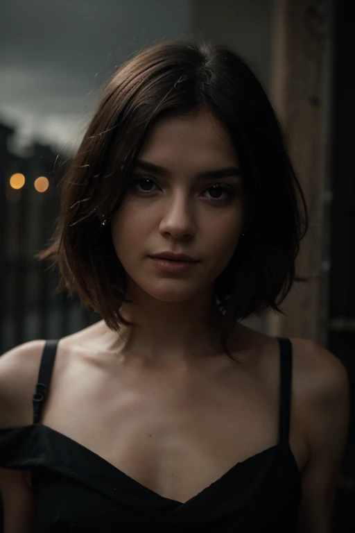 (((surreal))) photo, masterpiece, top quality, (pale skin), (Super detailed face and eyes:1.3), 1 girl, aldult, Wearing a black T-shirt, A necklace hangs from the chest, necklace cleavage, (eye makeup, black mascara) , ((Large, delicate lips)), ((dark curly hair)), ((Chiolca)) , (natural breasts), ((pose)), photo shooting, (Side light), (The game of light and shadow), depth of field, bokeh, (Special attention to skin details: 1.2), detailed leather texture, skin pores. (frame dark atmosphere. Color range - black, tangerine, Red, tune), Dlm grain), (Rays), ((glare)), ((portrait, close to camera)) , Super detailed,