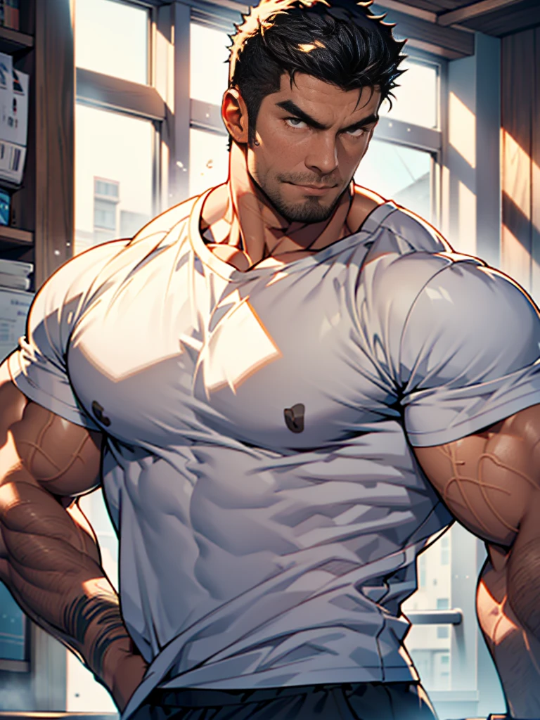 card，The character is a burly man，Wear a white sleeveless vest，Surrealistic pattern on vest，Punching posture，Head-to-bottom perspective，Exaggerated deformation，The overall picture highlights his well-developed shoulders and pectoralis major muscles，以card的形式，Light from top to bottom， Muscular