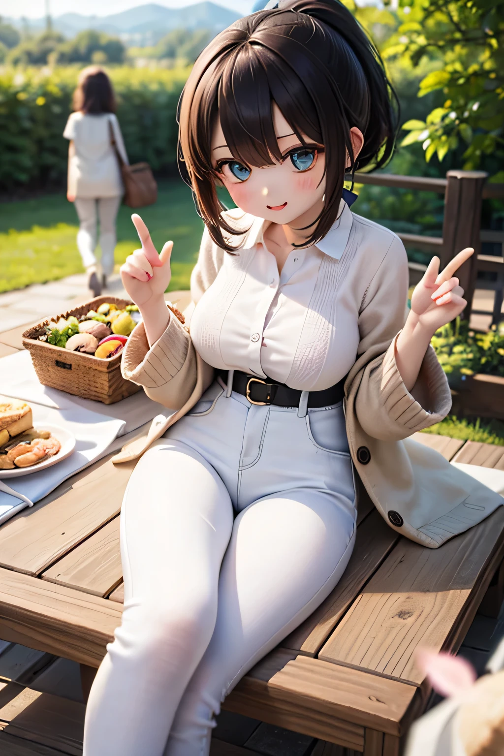 top quality、high definition、(high image quality:1.3)、masterpiece、detailed background、(very detailed face:1.3)、(detailed eyes:1.3)、age beauty、(huge breasts:1.3)、(Normal number of fingers:1.2)、anatomically correct、Perfect Body Line、Bright-colored hair、ponytail、braided bob cut、a green lawn、 riverside promenade 、small garden cafe、A weekend with nice weather、bring a homemade bento with friends Go on a picnic、Basket bagにお気に入りのドリンクを入れて、natural spring vibe、fun atmosphere、big smiles、

(three girls who spread out the sheet and relax:1.5)、

A relaxing time reading a book and chatting while listening to the birds chirping、floral blouse or sheer shirt、white denim or loose wide pants、dark colored knit cardigan、beige flat shoes、Basket bag、cute