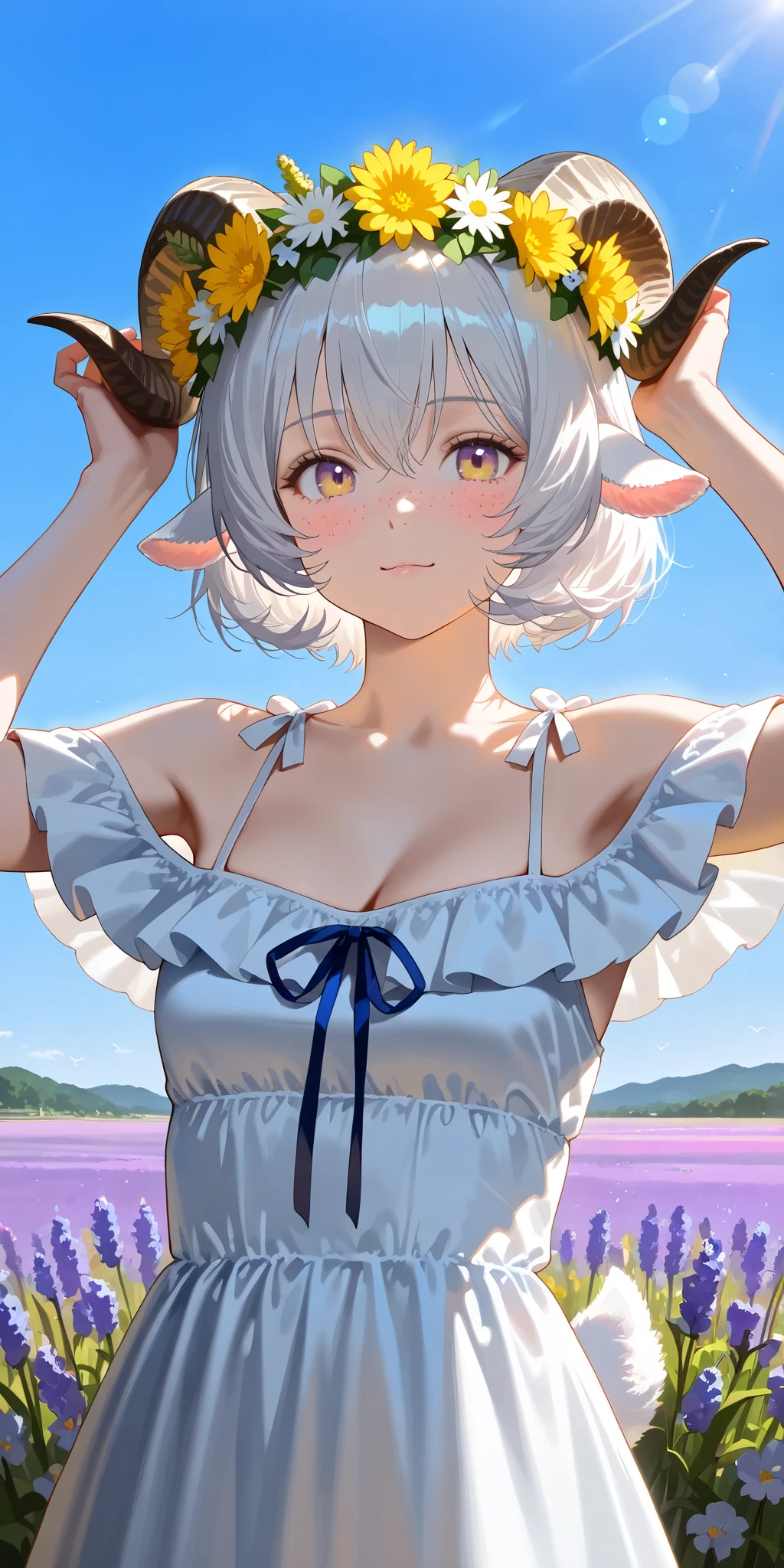 (High CT quality,4k,High resolution,mainpiece:1.2),(Very detailed,Realistic:1.37,Best quality,masterpiece, high resolution,on_body), (Tyndall effect,photorealistic, Edge lighting, Two-color lighting),(high definition skin:1.2), (8K UHD, DSLR quality, soft lighting, high quality, surround lighting, sincere, de 8K , 4K, 8K.) A village goat girl. white short goat horns grow on her head,little goat tail and fluffy goat ears. she has white skin covered with blush and freckles. She has short curly white hair and a bob haircut. She has yellow-purple eyes. She is wearing a white sundress with an open neckline and breeches with long airy sleeves. She has a wreath of dandelions and daisies on her head. Background : blue sky,a sunny day, in an endless field where many wildflowers such as dandelions, daisies, lavender, bluebells and cornflowers bloom.
