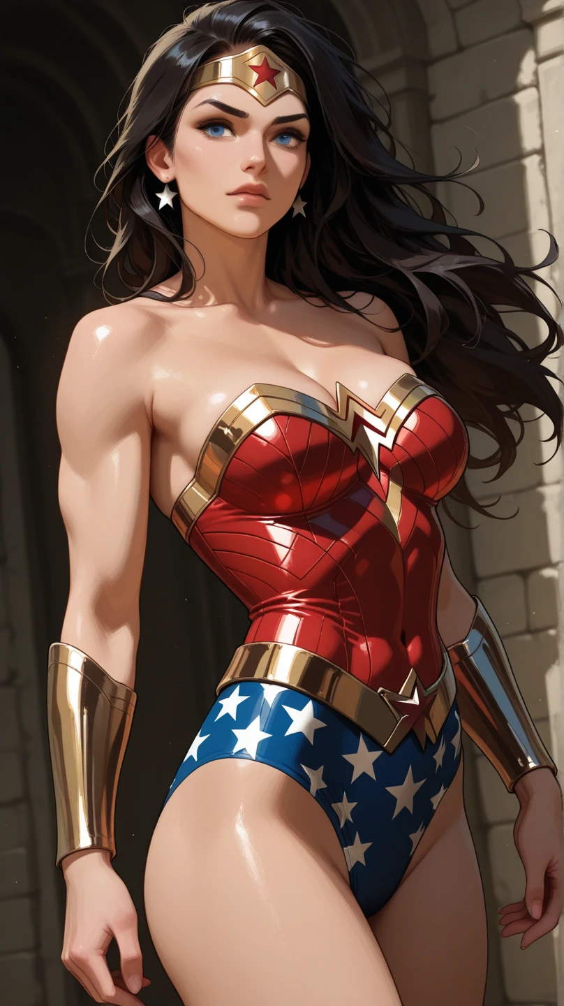 NSFW, masterpiece, best quality, ultra high definition, highest resolution, highly detailed, professional lighting, clean skin, professional lighting, animation, cowboy shot, from below, lower breasts, navel, from below,, supine and wide open legs, raised legs, wet clothes, sheer clothes, (ripped clothes: 1.3), wet body, sweat, lower breasts, embarrassing, blush, show off, cleavage, The crotch is see-through, the areola is transparent, white liquid, Wonder Woman, (intricate details, makeup), (delicate and beautiful delicate face, delicate and beautiful delicate eyes, face with perfect proportions), (wet skin: 1.0), delicate skin, strong and realistic blue eyes, realistic black hair, lips, makeup, natural skin texture, tiara, jewelry, star \(symbol\), leotard, bulletproof gauntlet, Red boots, golden belt, (public clothing: 1.5), bare shoulders, slightly sunburned, mature, sexy, elastic muscles, (muscles: 1.2), ((strong and healthy body)), ((((more) muscles))), long legs, curves, (big breasts: 1.3), cleavage, thin waist, soft waist, (delicate skin), (beautiful and sexy woman), (swollen lips: 0.9), (eyelashes: 1.2), very delicate muscles, perfect body,