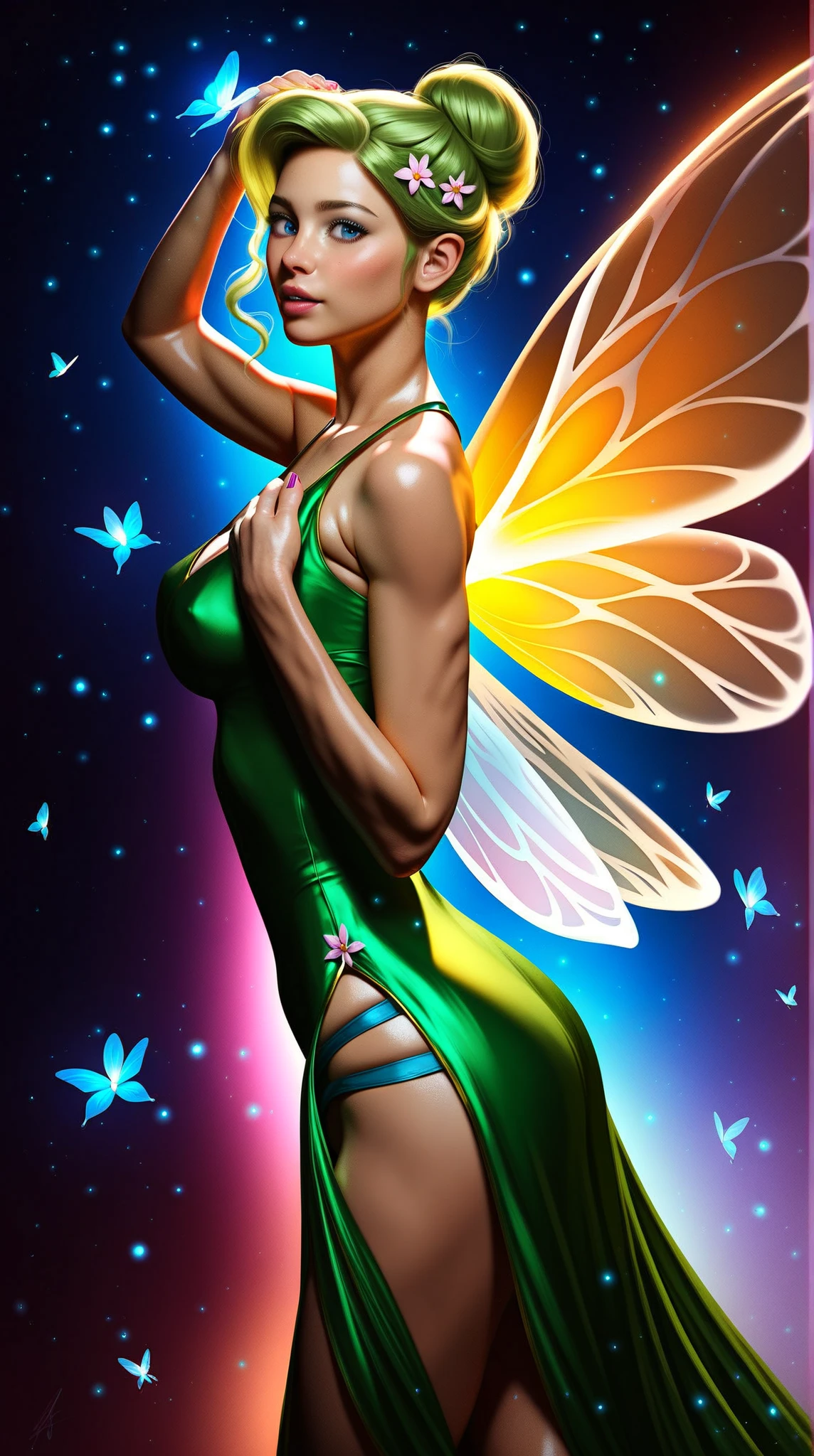 A woman grasshopper(age 25),green body with bright colored wings,rainbow chromatic compound eyes,hard chitinous plates,minimal clothing,admiring flowers,UFO nearby,sunny landscape,detailed face,detailed eyes,detailed lips,beautiful detailed features,highly detailed,realistic,photorealistic,4k,8k,highres,masterpiece,ultra-detailed,vivid colors,studio lighting,sharp focus,physically-based rendering