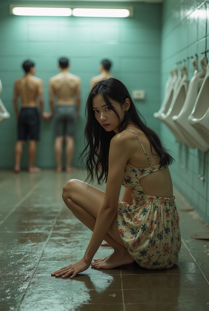 Abandoned men's toilets,grimy,Garbage all over the ground,A very cute exhibitionist Korean beauty,Rip cream skirt with hips,no clothes are worn,sexyposture,Wearing a naked,tmasterpiece,Best quality at best,highly detailed