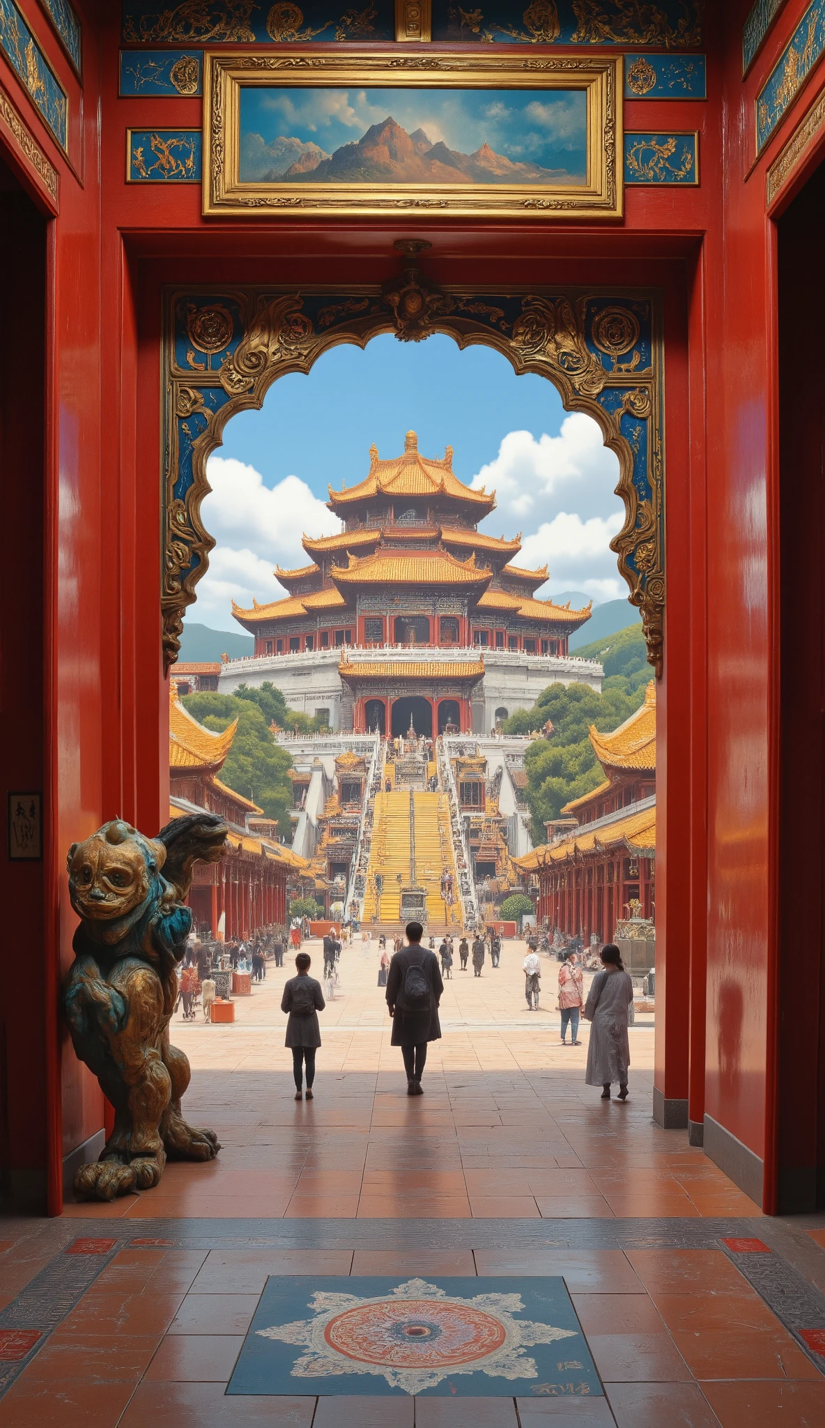 High Resolution Images、Panoramic Paintings 、Spectacularな画像 、 Ancient Chinese Architecture Temples 、 Exquisite Interior Decorations 、 depth of field effects 、 Imaginative 、 fantasy around the eyes 、 high end color matching 、 Spectacular Scenery of Ancient Chinese Architecture 、 Spectacular 、 four corners 、 16k、Big Komainu 。