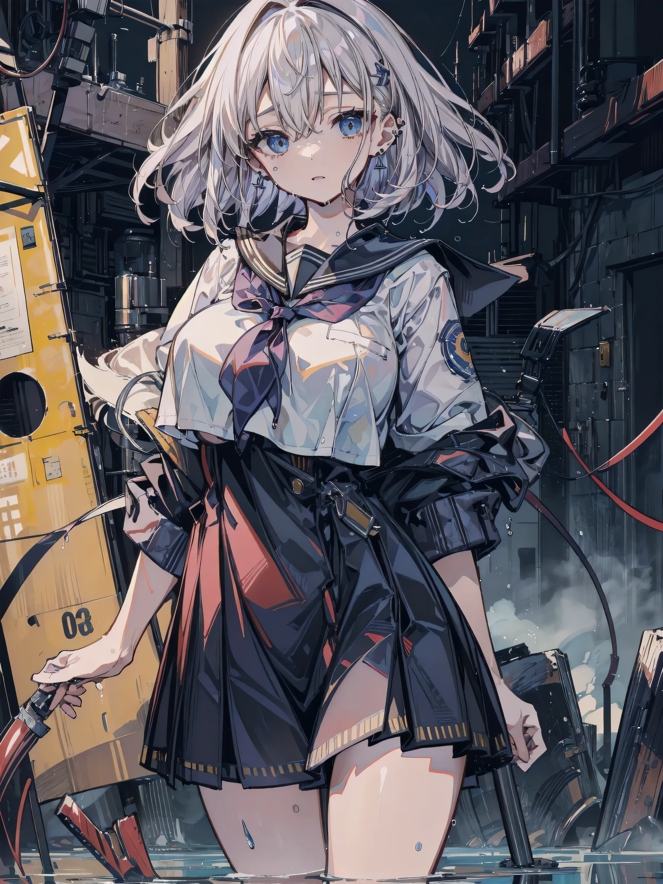 ((masterpiece, highest quality)), (1 girl), (alone), (female focus), (Ahoge, gray hair, short hair), black eye, ((white shirt), (buttoned shirt)), ((black skirt), (short skirt)), Are standing, white background, turn your arms behind your back, (big breasts, firm chest:1.2),