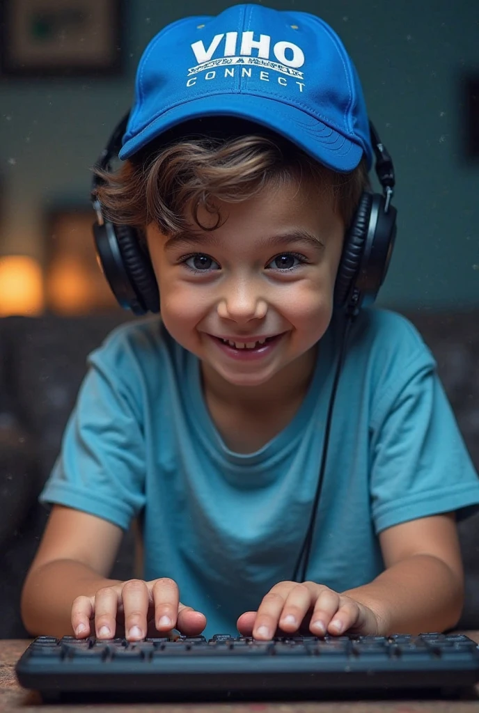 Create an image with a boy with black curly hair, brunette skin, wearing a modern headset and holding a cell phone. He may be in a relaxed environment, like your bedroom or a recording studio, with an animated expression while voicing a character.
