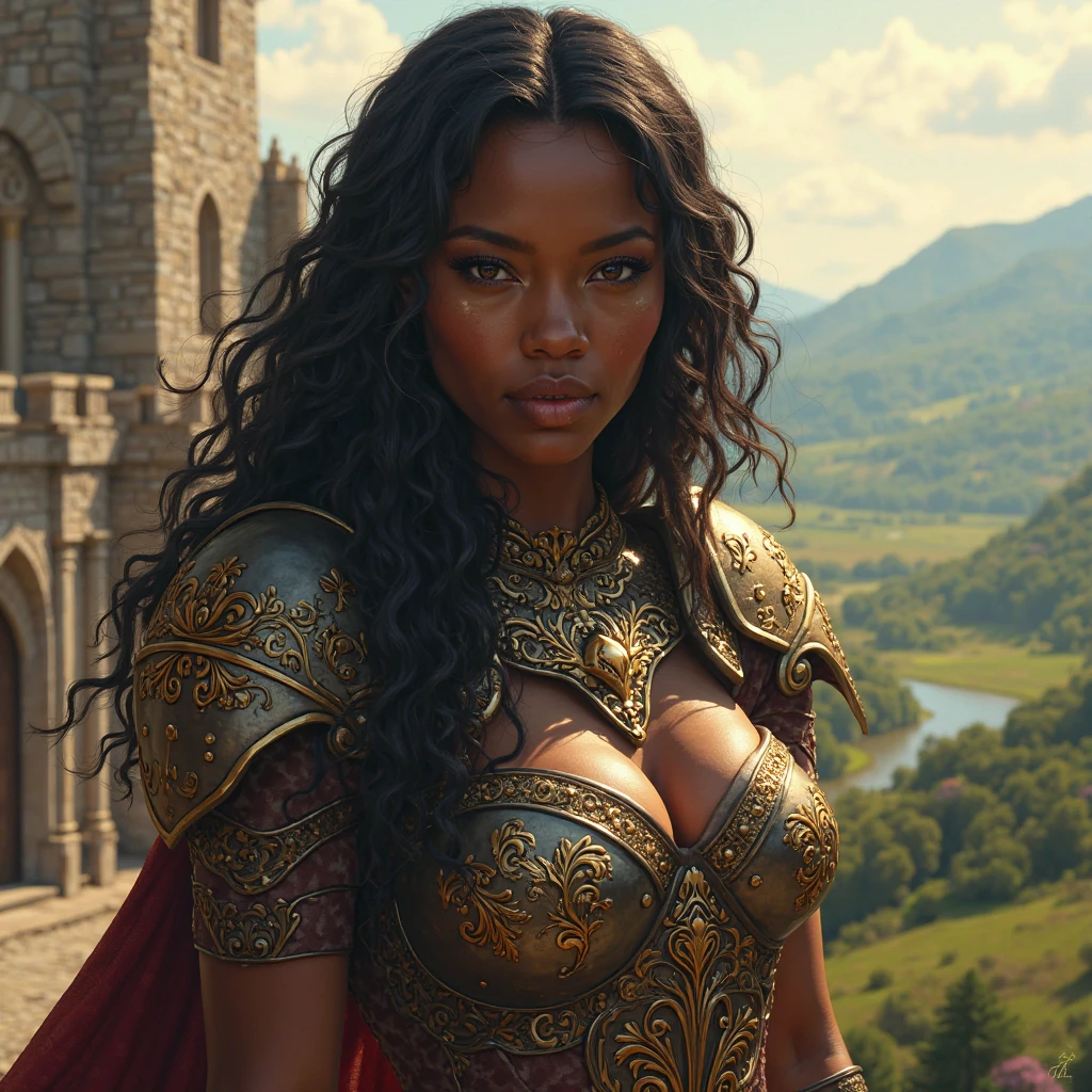 1 woman, she is a witch, inside a dark and gloomy castle made of stones, wearing armor with a black cloth cape around it, detailed facial features, female light brown eyes, detailed brown skin, dark woman, curly light brown hair, dramatic lighting, cinematic composition, dark palette, dark colors, atmospheric fog, thin chin, serious face, serious face, strong and beautiful woman (best quality, 4K, 8K, high resolution, art: 1.2), ultra detailed (realistic, photorealistic, photorealistic: 1.37)