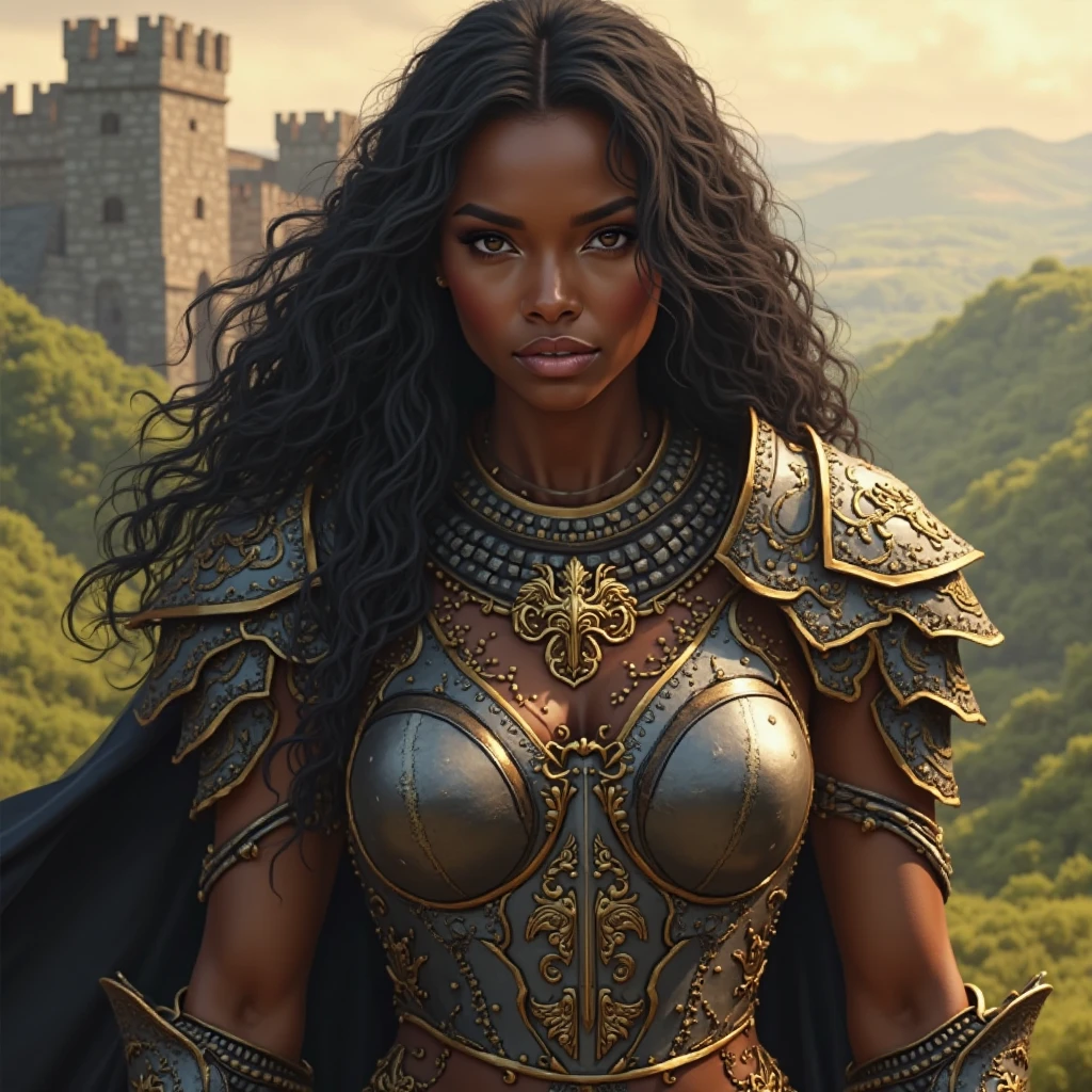 Create an impactful and detailed illustration of a black RPG warrior, dressed in high-quality armor and with a determined and strong expression on her face. Include fantasy elements, such as a unique weapon or magical powers, and highlight the natural beauty and pride of the figure. Use lighting and shadows to accentuate the intensity of the scene ((large bust and eye-catching clothing, ultra detail on the skin)) --auto --s2