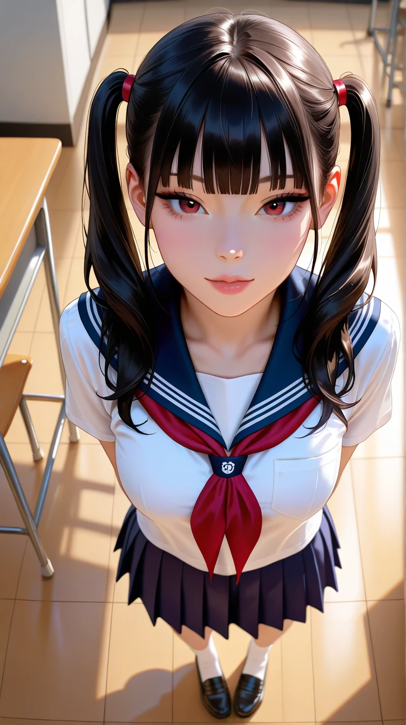 (extremely details CG、Unity、8K Wallpapers)、(extremely delicate and beautiful)、(​masterpiece)、(top-quality:1.0)、(超A high resolution:1.0)、beautiful  lighting、perfect lightning bolt、realistic shadow、[hight resolution]、Detailed skin、ultra-detailliert、detailed faces and eyes、Realistic eyes、Sharp pupils、Colossal tits、(From below:1.2)、cowboy  shot, Inside the classroom、Schools、Evening glow、beauitful face、blurry backround、16-year-old beautiful girl、shinny skin、Side Up、Beautiful black hair、Blunt bangs、Red Eye、(Katyusha:1.2)、a sailor suit、Pleated miniskirt、Curve、(You can see light panties:1.0)、Gentle smile、