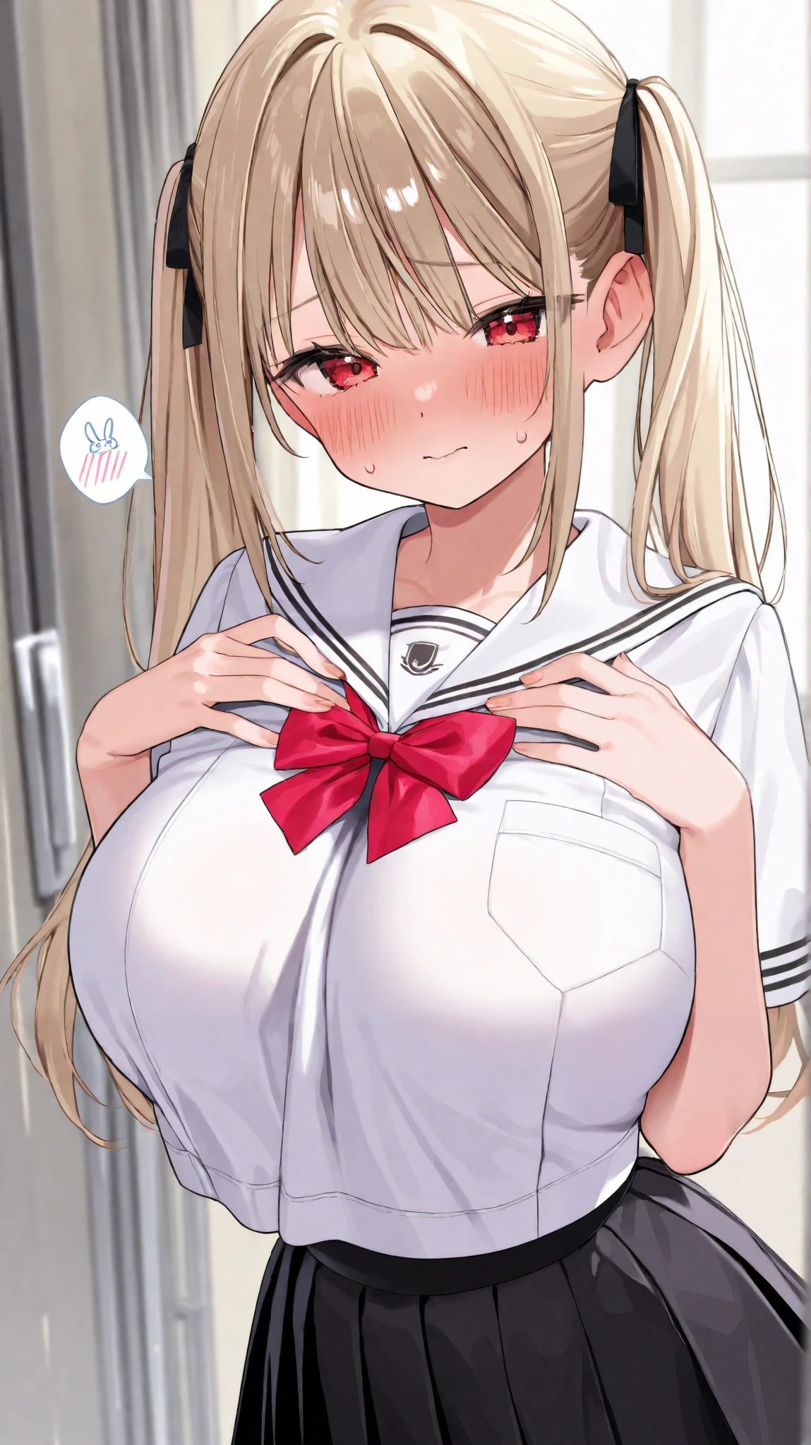  Gold、twin tails、red eyes、 popup、 long breasts、high school girl、gal、cute、white sailor suit、black super mini skirt、embarrassed face、cover、I'm putting my hand on my chest、short、upper body