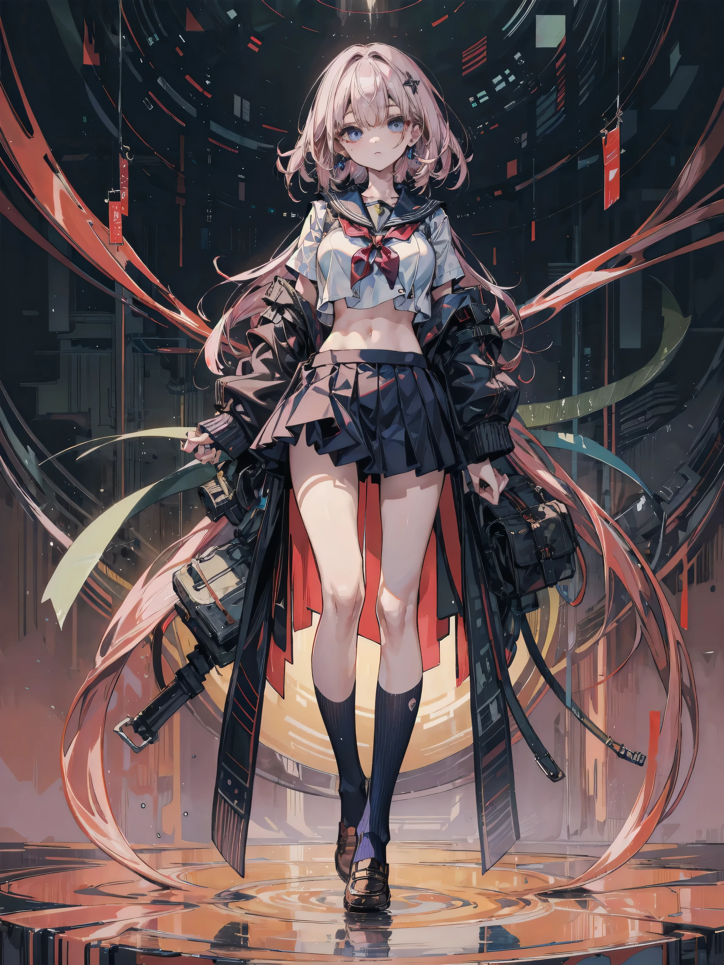 Anime Waifu beautiful detailed eyes, beautiful detailed lips, extremely detailed eyes and face, longeyelashes, 1girl, sensual, young woman, medium breasts, beautiful feminine face, nice thighs, slim, sexy, erotic, beautiful clothes, perfect body, cinematic lighting and framing, (best quality,4k,8k,highres,masterpiece:1.2),ultra-detailed,digital painting,portrait,glamorous,highly detailed,soft lighting,warm color tones a beautiful girl with a ponytail and black hair, smiling shyly with a blush, wearing a black sailor suit and pure white underwear, her skirt blowing in the wind, full body shot, masterpiece, ultra-detailed, cinematic lighting, vibrant colors, soft focus