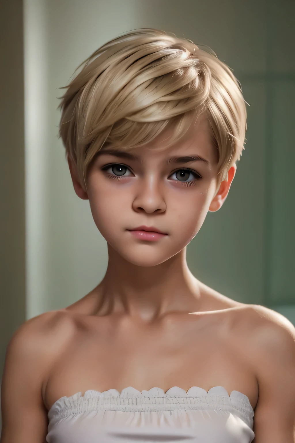 ((Femboy)), Shorthaircut Stylish, adorable, 1 femboy, (face to face), , ((baby face)), (cry sad face expression), half body portrait, (face details: 1), (eye details: 1), ((Tiny breasts:1.3)), Cute posed. proportional body. Ultra High Res. realistic: 1.4, UHD, (sarong white top strapless), (white underwear)