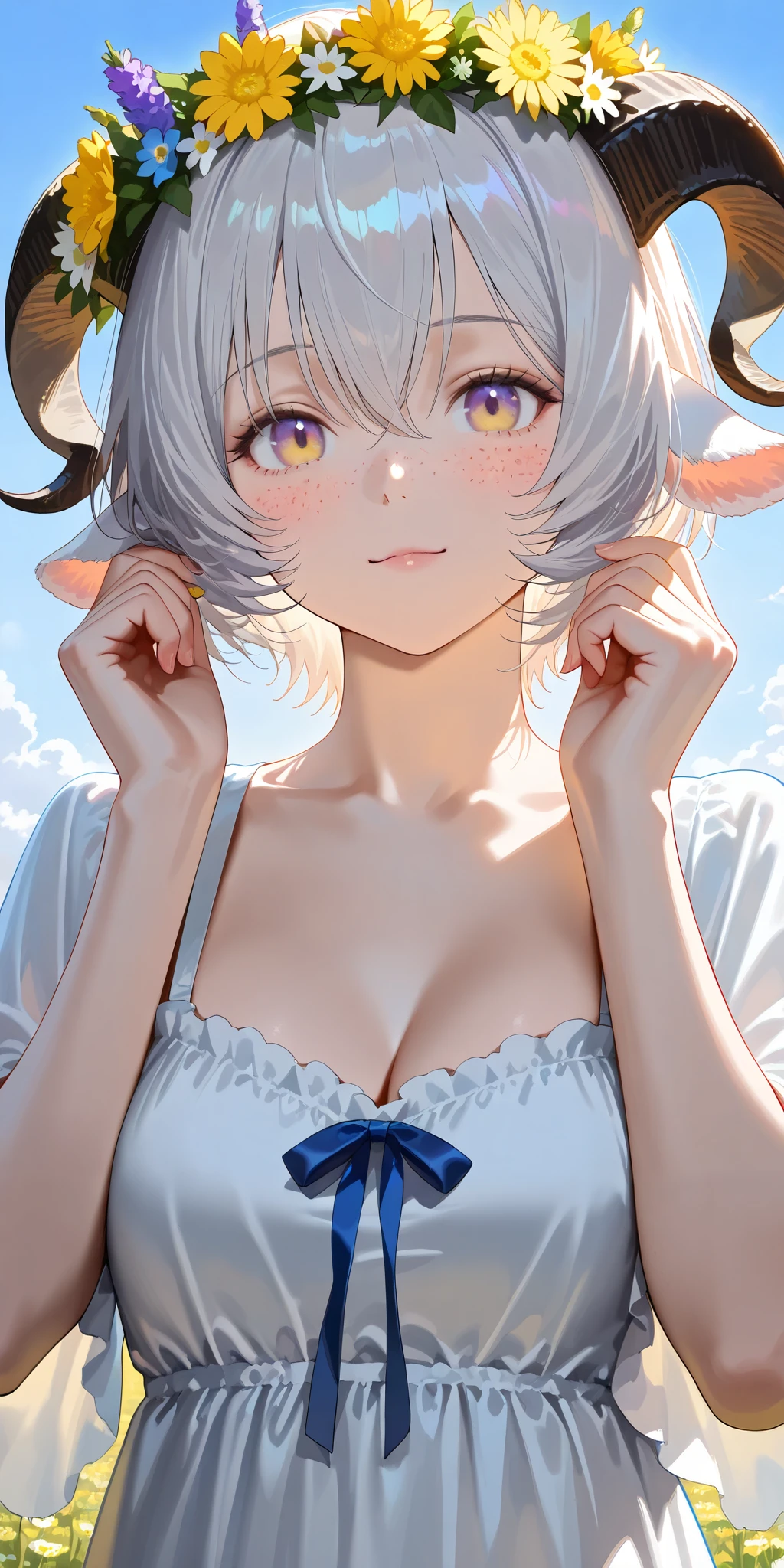 (High CT quality,4k,High resolution,mainpiece:1.2),(Very detailed,Realistic:1.37,Best quality,masterpiece, high resolution,on_body), (Tyndall effect,photorealistic, Edge lighting, Two-color lighting),(high definition skin:1.2), (8K UHD, DSLR quality, soft lighting, high quality, surround lighting, sincere, de 8K , 4K, 8K.) A village goat girl. white short goat horns grow on her head,little goat tail and fluffy goat ears. she has white skin covered with blush and freckles. She has short curly white hair and a bob haircut. She has yellow-purple eyes. She is wearing a white sundress with an open neckline and breeches with long airy sleeves. She has a wreath of dandelions and daisies on her head. Background : blue sky,a sunny day, in an endless field where many wildflowers such as dandelions, daisies, lavender, bluebells and cornflowers bloom.
