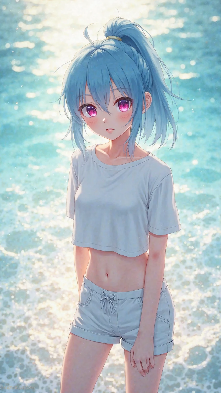 She is a very cute 10 year old girl.、(white t-shirt、mini skirt、)、Ocean、silver blue colored hair、purple eyes、white skin、beautiful skin、(Only the shape of the nipple is visible)、