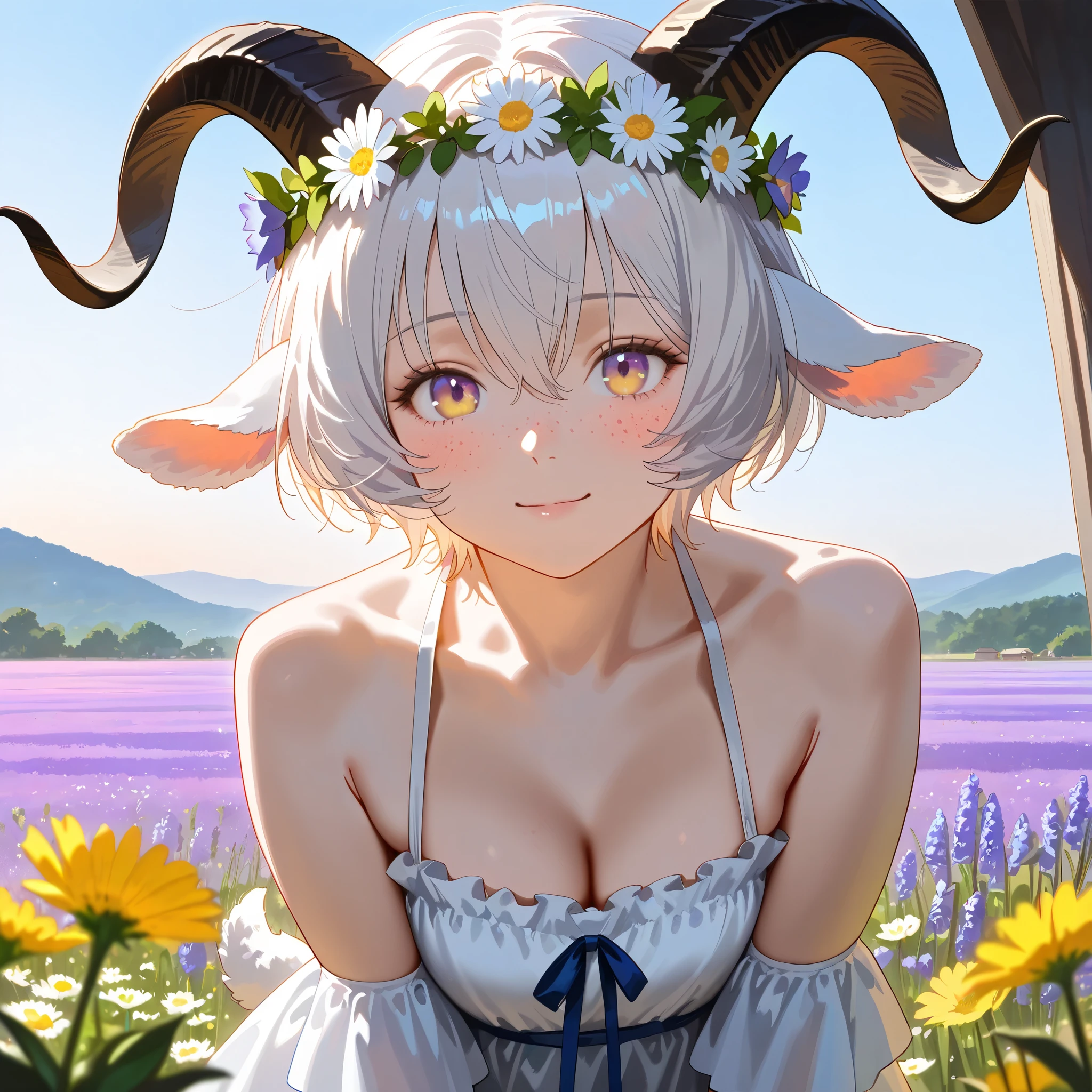 (High CT quality,4k,High resolution,mainpiece:1.1),(Very detailed,Realistic:1.37,Best quality,masterpiece, high resolution,on_body), (Tyndall effect,photorealistic, Edge lighting, Two-color lighting),(high definition skin:1.1), (8K UHD, DSLR quality, soft lighting, high quality, surround lighting, sincere, de 8K , 4K, 8K.) A village goat girl. white short goat horns grow on her head,little goat tail and fluffy goat ears. she has white skin covered with blush and freckles. She has short curly white hair and a bob haircut. She has yellow-purple eyes. She is wearing a white sundress with an open neckline and breeches with long airy sleeves. She has a wreath of dandelions and daisies on her head. Background : blue sky,a sunny day, in an endless field where many wildflowers such as dandelions, daisies, lavender, bluebells and cornflowers bloom.
