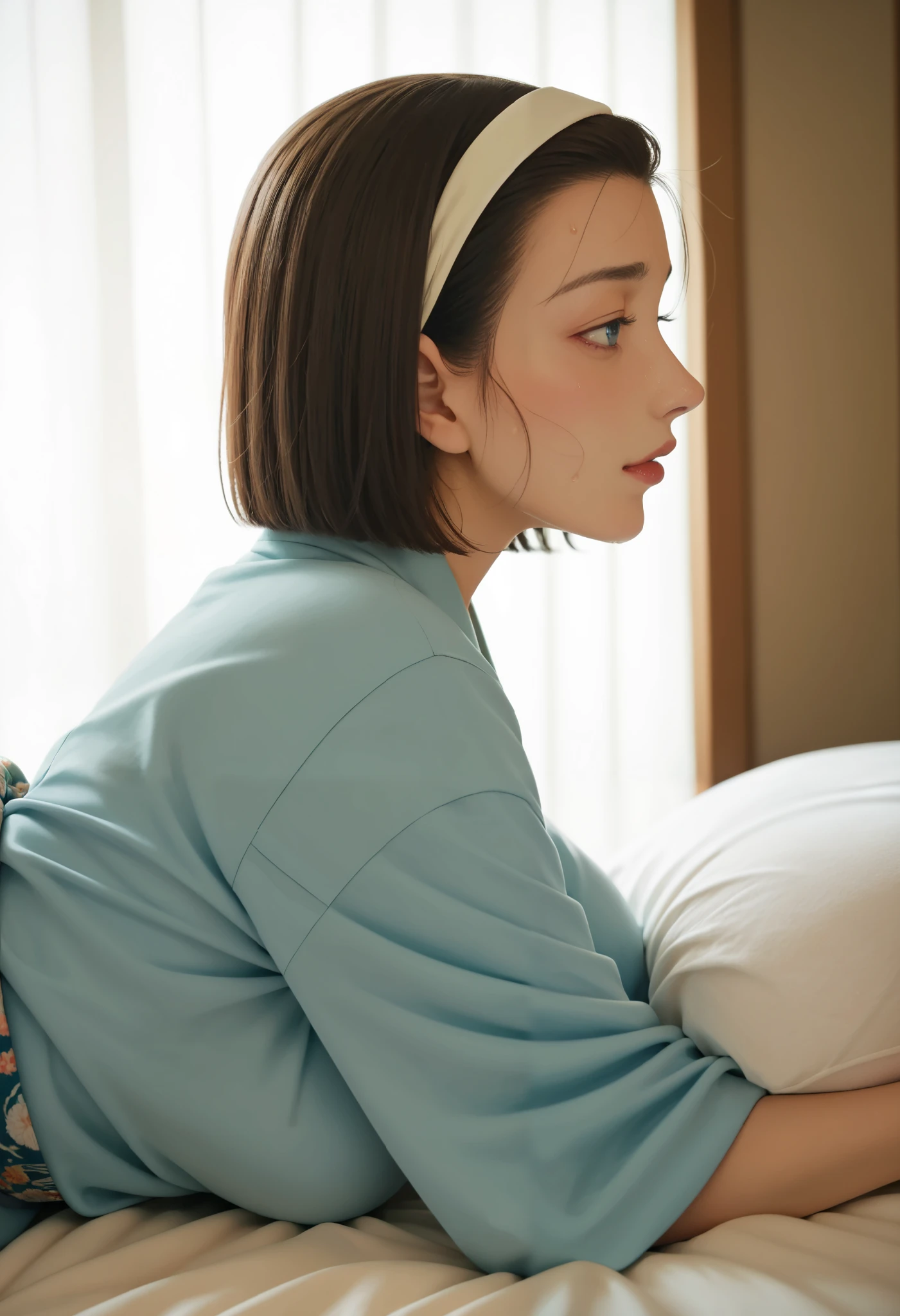 score_9, score_8_up, score_7_up, score_6_up, BREAK, Hyper realistic, suzuki sonoko, short hair, brown hair, hairband,blue eyes, mature female, perfect face, perfect lighting, sexy female, ,large breasts, sweat, (Kimono)、,half-closed eyes, trembling, rolling eyes、male 、lying doggy style sex、(From the side:1.5)、Stretch your arms,on the bed,orgasm