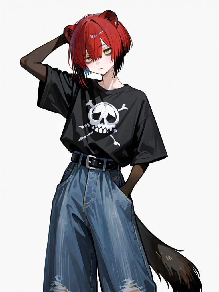 Make me a 17 year old boy,white with red hair in female Mullet style,blue eyes is black,with a strawberry earring ,a nose piercing with a collar necklace with a long blouse with a skull on the front, black cargo pants and an ALL star in the anime style yarichin b club