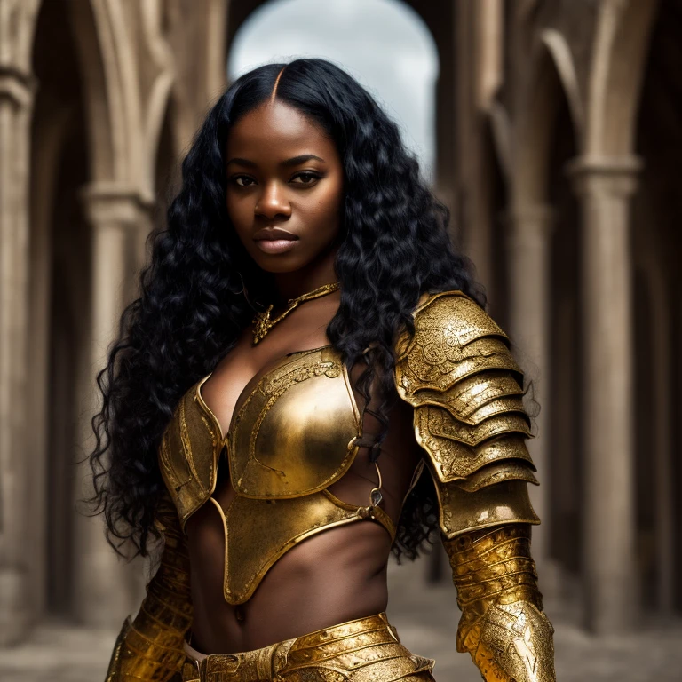 (best quality,4k,highres,masterpiece:1.2),ultra-detailed,realistic:1.37,portrait,beautiful dark-skinned woman, Lady Storm,long curly hair flowing in the wind, strong and confident,mysterious aura,love surrounds her,ready for battle,fierce and determined expression,armor accentuates her curves,shiny metallic armor,sparkling in the sunlight,armor engraved with intricate patterns,weathered and battle-worn armor,leather straps and buckles secure the armor,powerful stance,holding a sharp sword,ready to defend herself and her loved ones,magical powers emanating from her hands,storm clouds gathering in the sky,dark and dramatic background,stormy atmosphere,lightning striking in the distance,eerie yet beautiful landscape,rich and vibrant colors,contrasting shadows and highlights,subtle color grading,soft and warm color tones,dramatic lighting,illuminating her face and armor,creating a sense of depth and dimension,ensuring every detail is perfectly rendered,painting-like texture,an epic masterpiece that captures her strength and beauty.