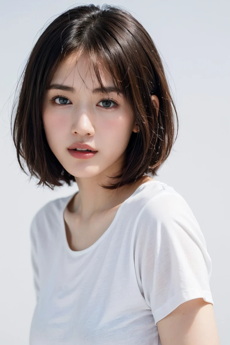 (top-quality、16K resolution) 1 girl、solo、natural soft light、Looking at the camera、Long sleeve white T-shirt、Concrete background、Facing the front、is standing、Woman in her late teens、Light bangs、short-hair、Salon model、Natural look、portlate、floated hair、Rolled hair