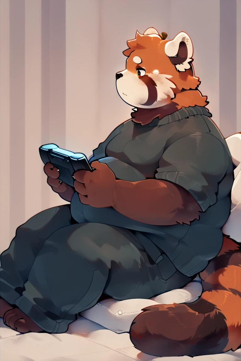 by darkgem, by zixiong, by glitter trap boy, a man with a belly, furry polar bear wearing ((hipster outfit, round glasses, comfy outfit:1.2)), blond messy quiff hairstyle, bulge, playing video games on a sofa, hefty body, massive hefty pecs, belly, hairy belly, shy, thicc, lowres, danbooru and artstation, heavy detailed, insanely inflated hips, proportionally arms, commission for high res, detailed but rough, semirealistic:1.3