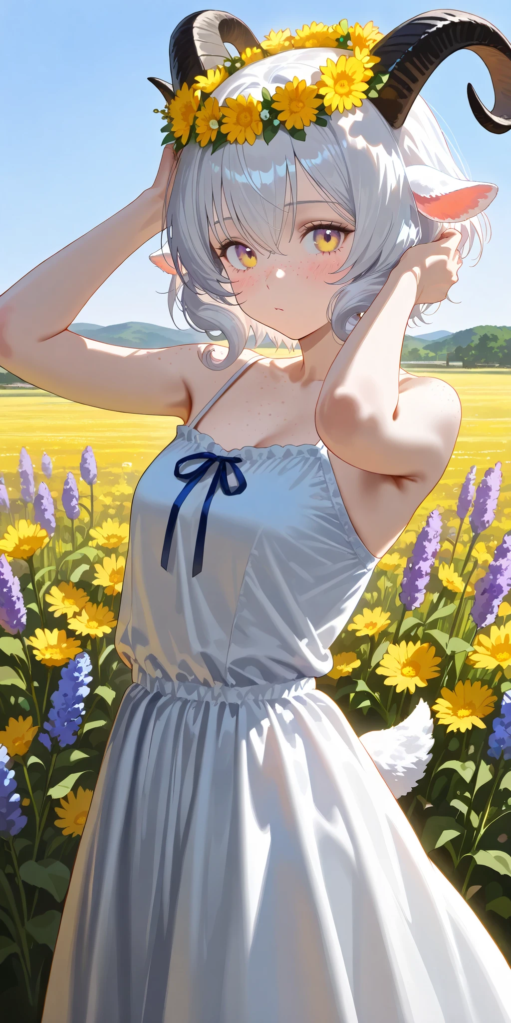 (High CT quality,4k,High resolution,mainpiece:1.2),(Very detailed,Realistic:1.37,Best quality,masterpiece, high resolution,on_body), (Tyndall effect,photorealistic, Edge lighting, Two-color lighting),(high definition skin:1.2), (8K UHD, DSLR quality, soft lighting, high quality, surround lighting, sincere, de 8K , 4K, 8K.) A village goat girl. white short goat horns grow on her head,little goat tail and fluffy goat ears.  she has white skin covered with blush and freckles.  She has short curly white hair and a bob haircut. She has yellow-purple eyes. She is wearing a white sundress with an open neckline and breeches with long airy sleeves. She has a wreath of dandelions and daisies on her head.  Background : blue sky,a sunny day, in an endless field where many wildflowers such as dandelions, daisies, lavender, bluebells and cornflowers bloom.