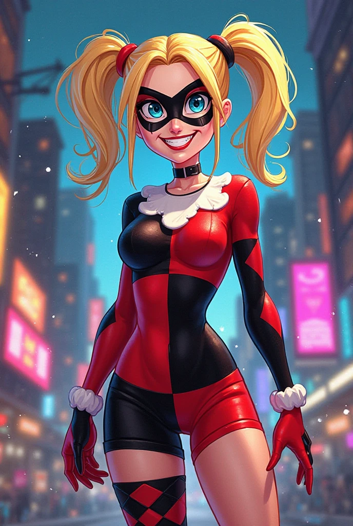 harley quinn with hazbin hotel style (but let it be more of a cartoon), but with a new cut. Also that I have a Joker stuffed animal