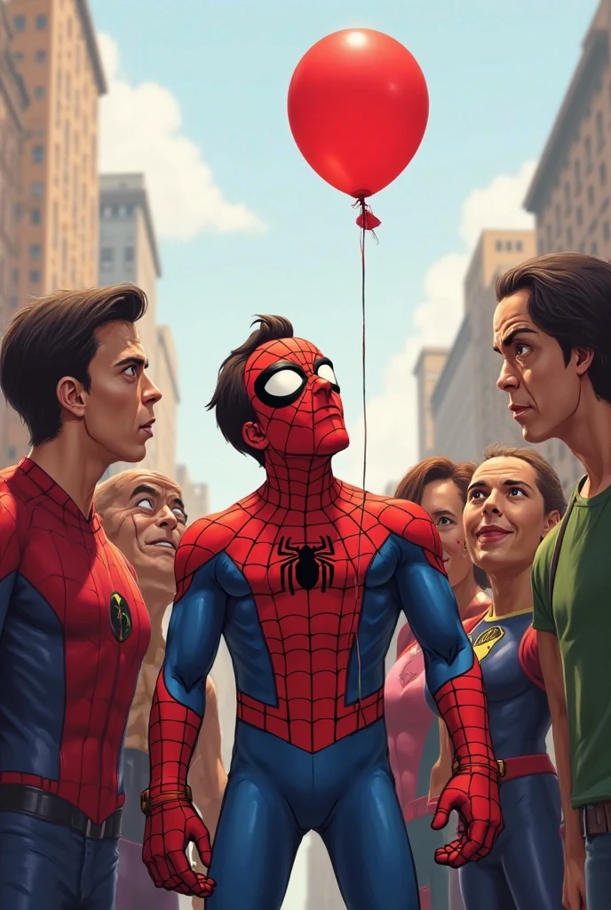anime art: marvel art style, many masculine 20-year-old males with a big bulge, wearing spider superhero outfit , They're squatting down on top of a sleeping woman wearing lgbt shirt
